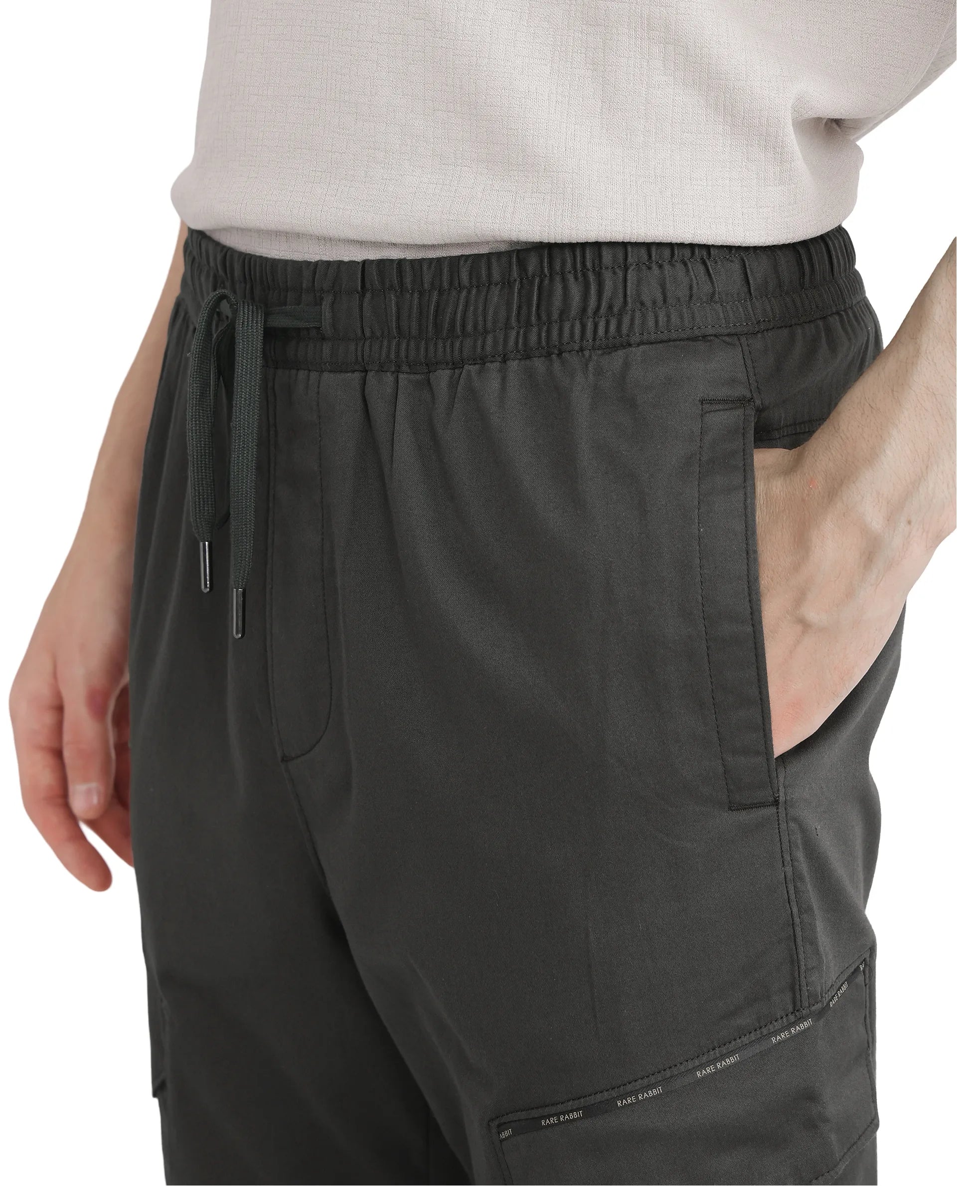Rare Rabbit Men's Zudi Dark Grey Cotton Fabric Drawstring Closure Regular Fit Cargo Style Trouser