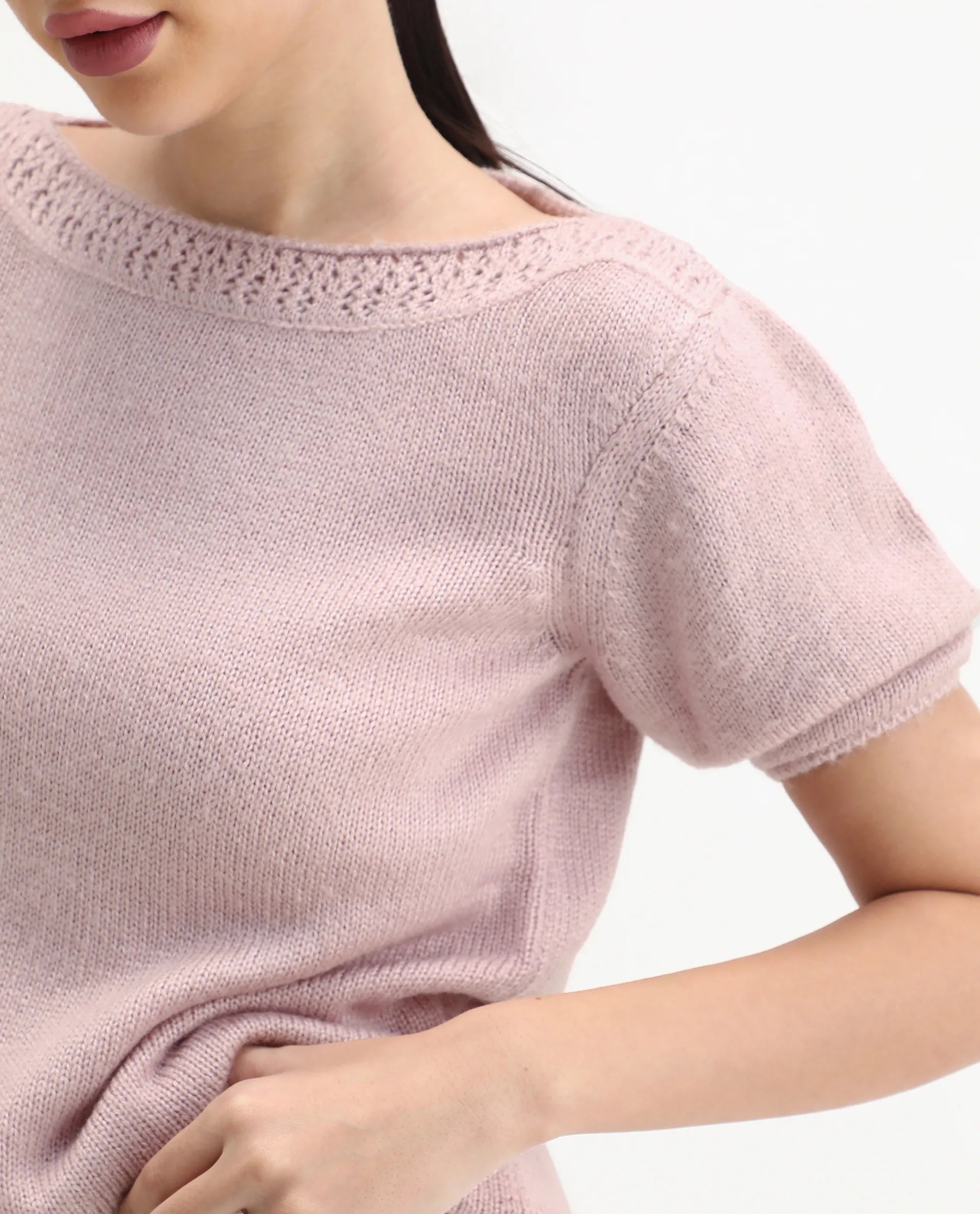 Rareism Women's Zulaii Light Pink Acrylic Blend Boat Neck Relaxed Fit Plain Sweater