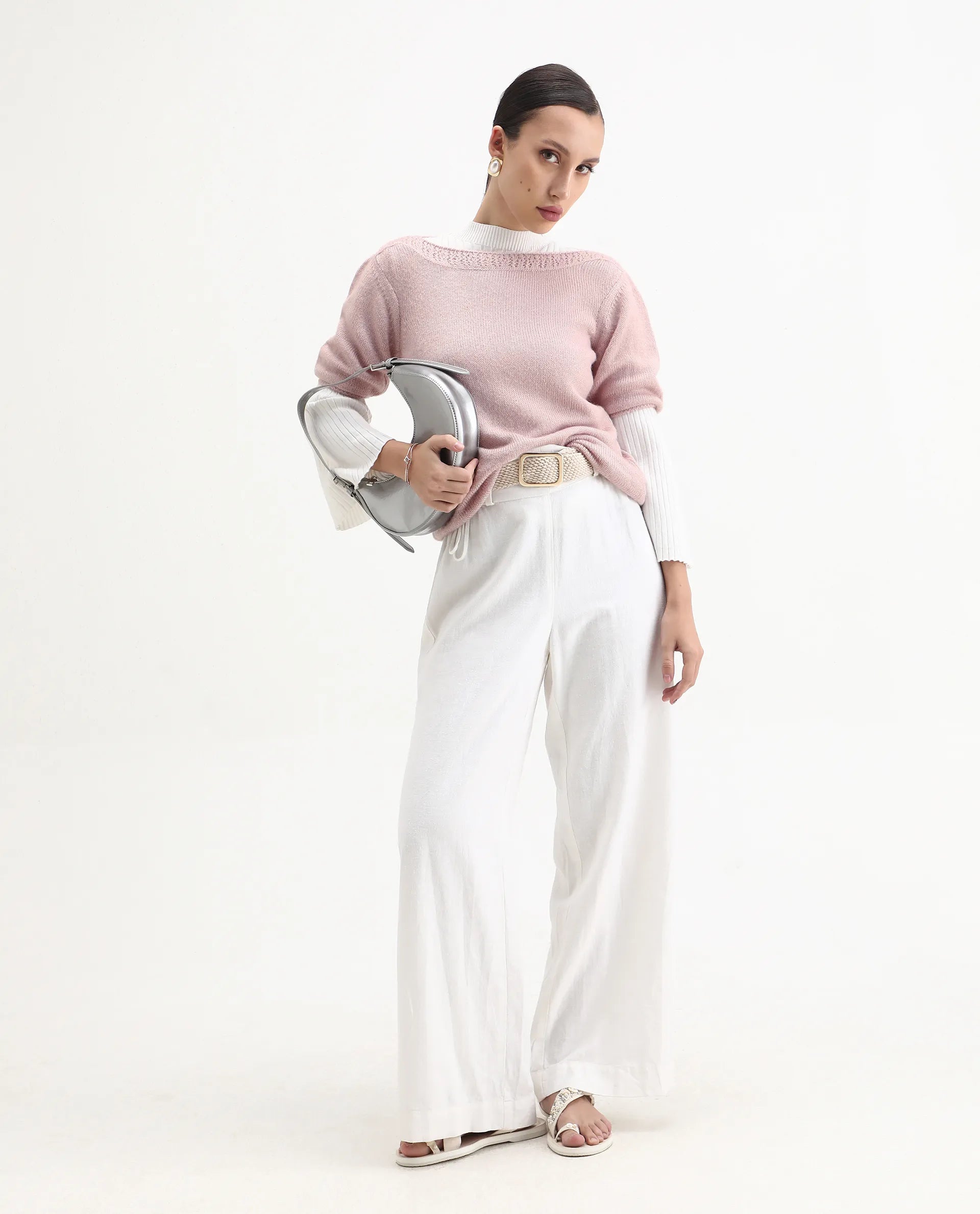 Rareism Women's Zulaii Light Pink Acrylic Blend Boat Neck Relaxed Fit Plain Sweater