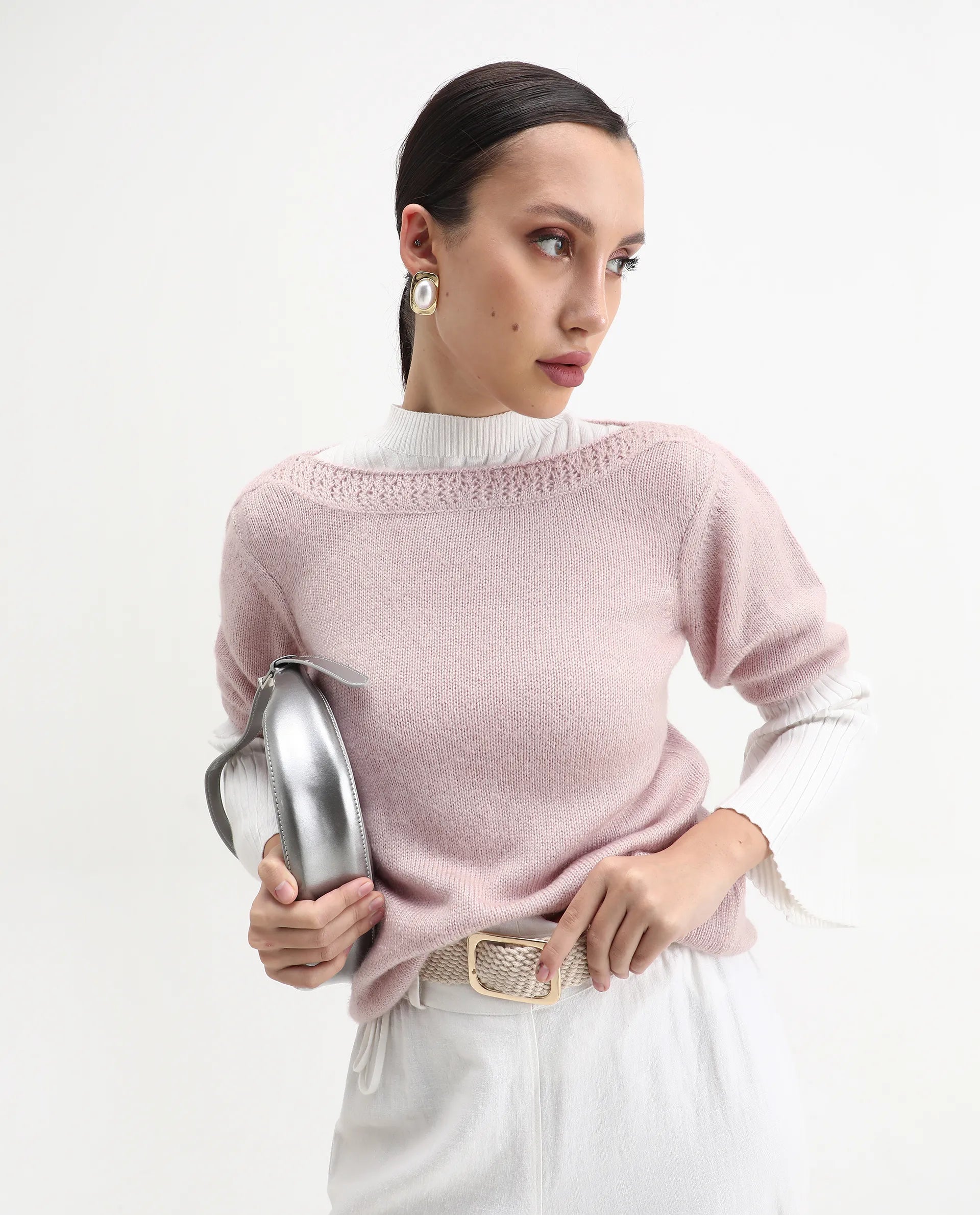 Rareism Women's Zulaii Light Pink Acrylic Blend Boat Neck Relaxed Fit Plain Sweater