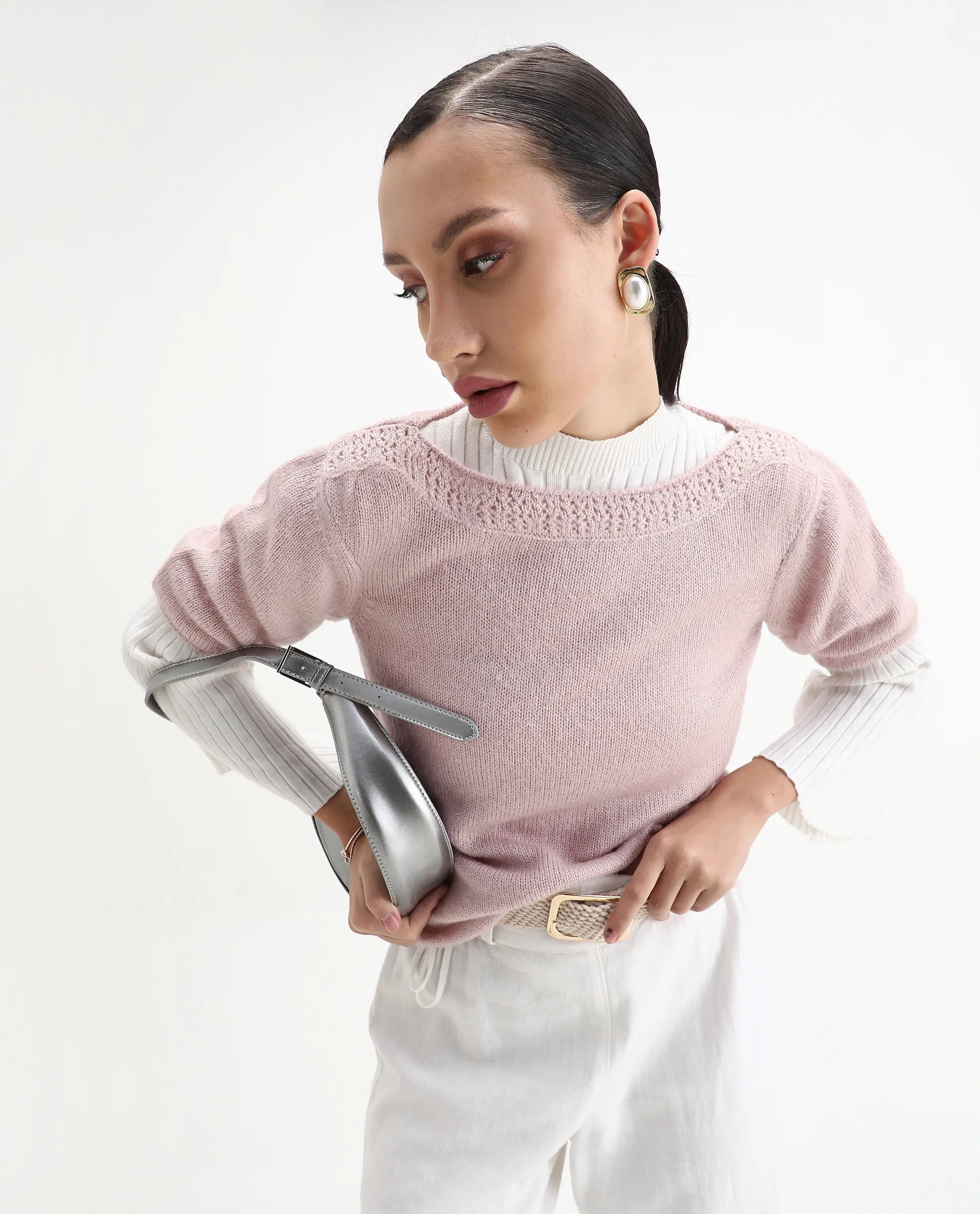 Rareism Women's Zulaii Light Pink Acrylic Blend Boat Neck Relaxed Fit Plain Sweater