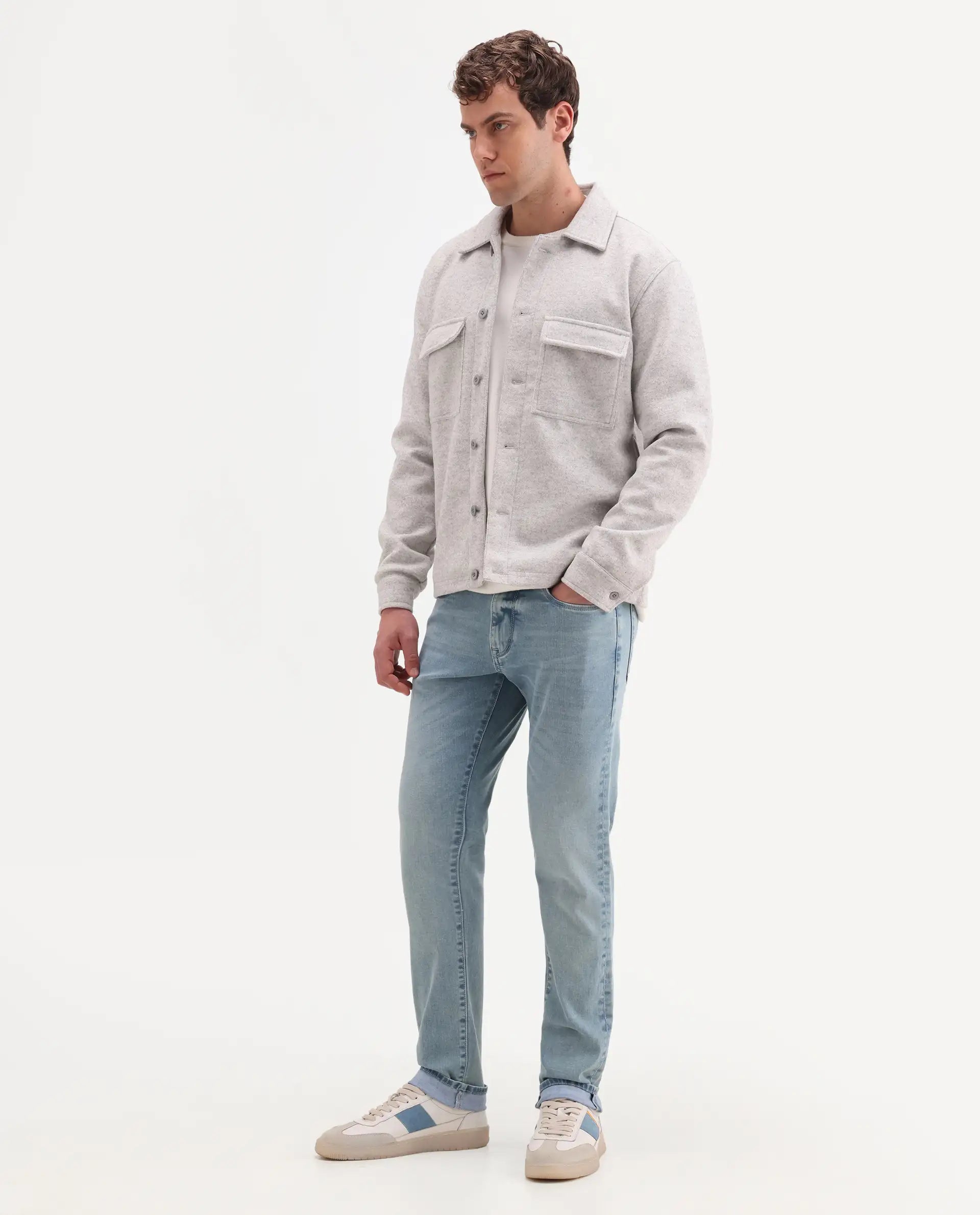 Rare Rabbit Men's Zuno L Light Blue Cotton Blend Fabric Shank And Zipper Hawk Slim Plain Jeans