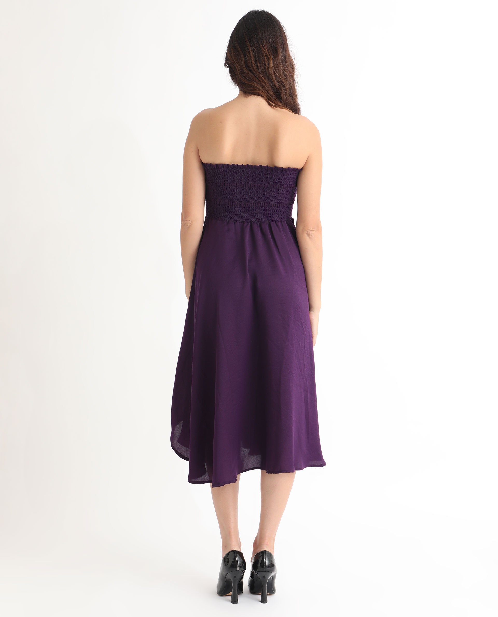Rareism Women Zuret Dark Purple Off Shoulder With Detachable Straps Smocking Detail At Chest With Pockets Knee Length Dress