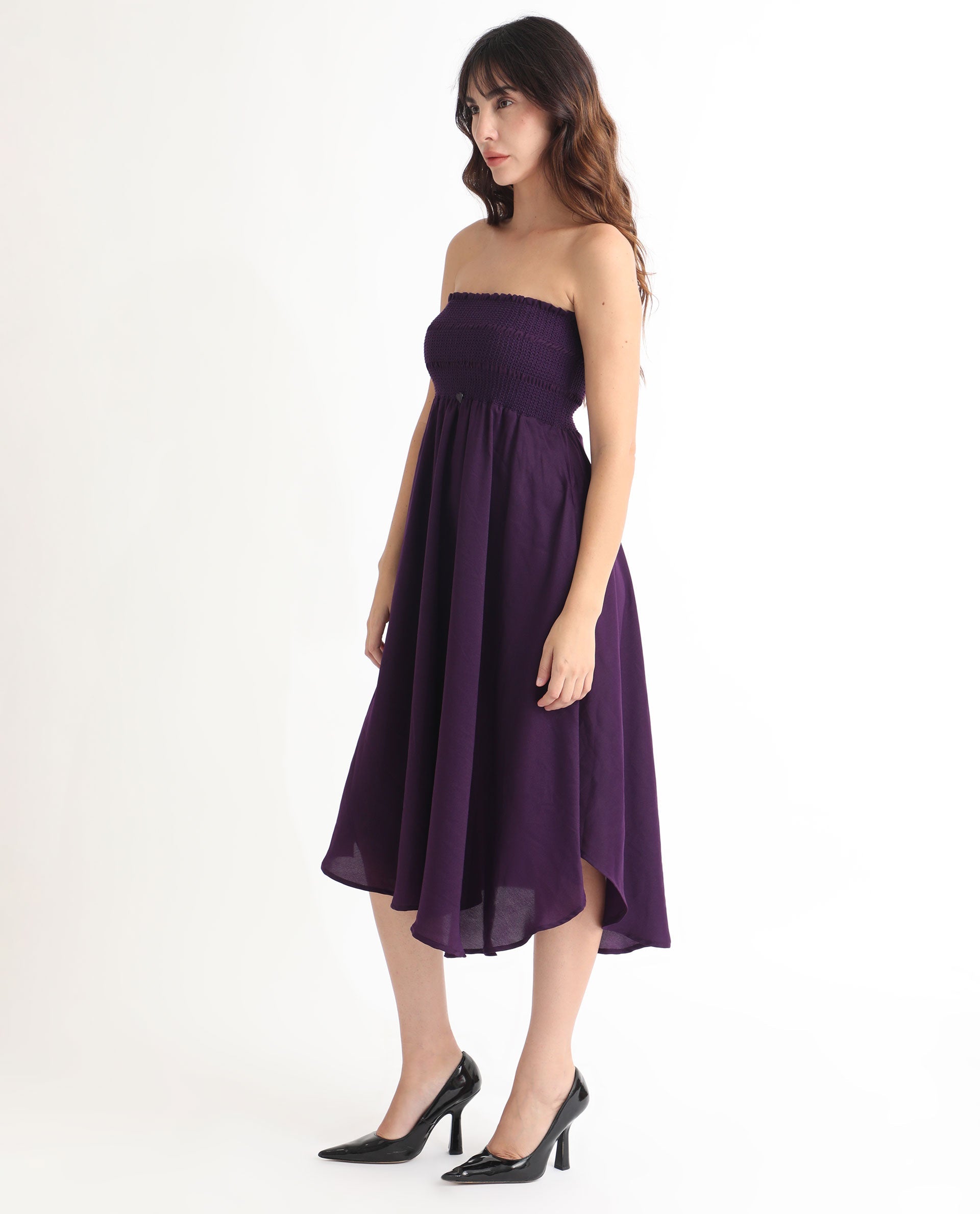 Rareism Women Zuret Dark Purple Off Shoulder With Detachable Straps Smocking Detail At Chest With Pockets Knee Length Dress