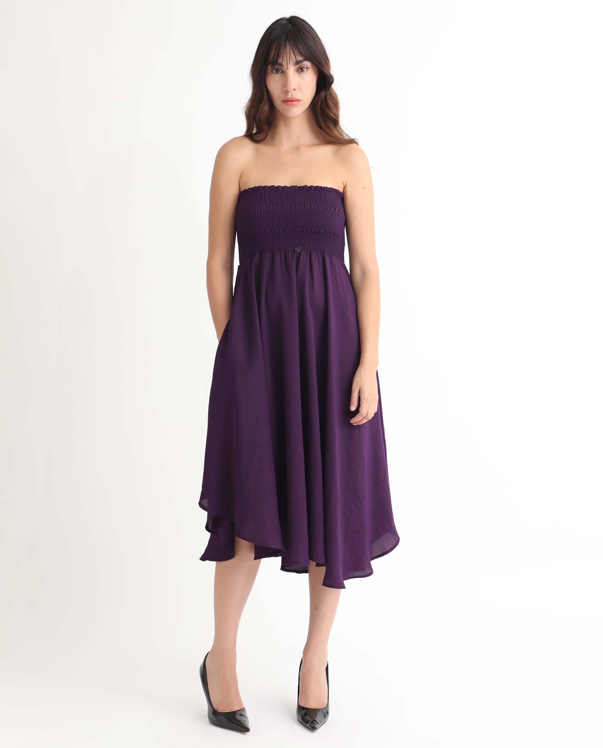 Rareism Women Zuret Dark Purple Off Shoulder With Detachable Straps Smocking Detail At Chest With Pockets Knee Length Dress