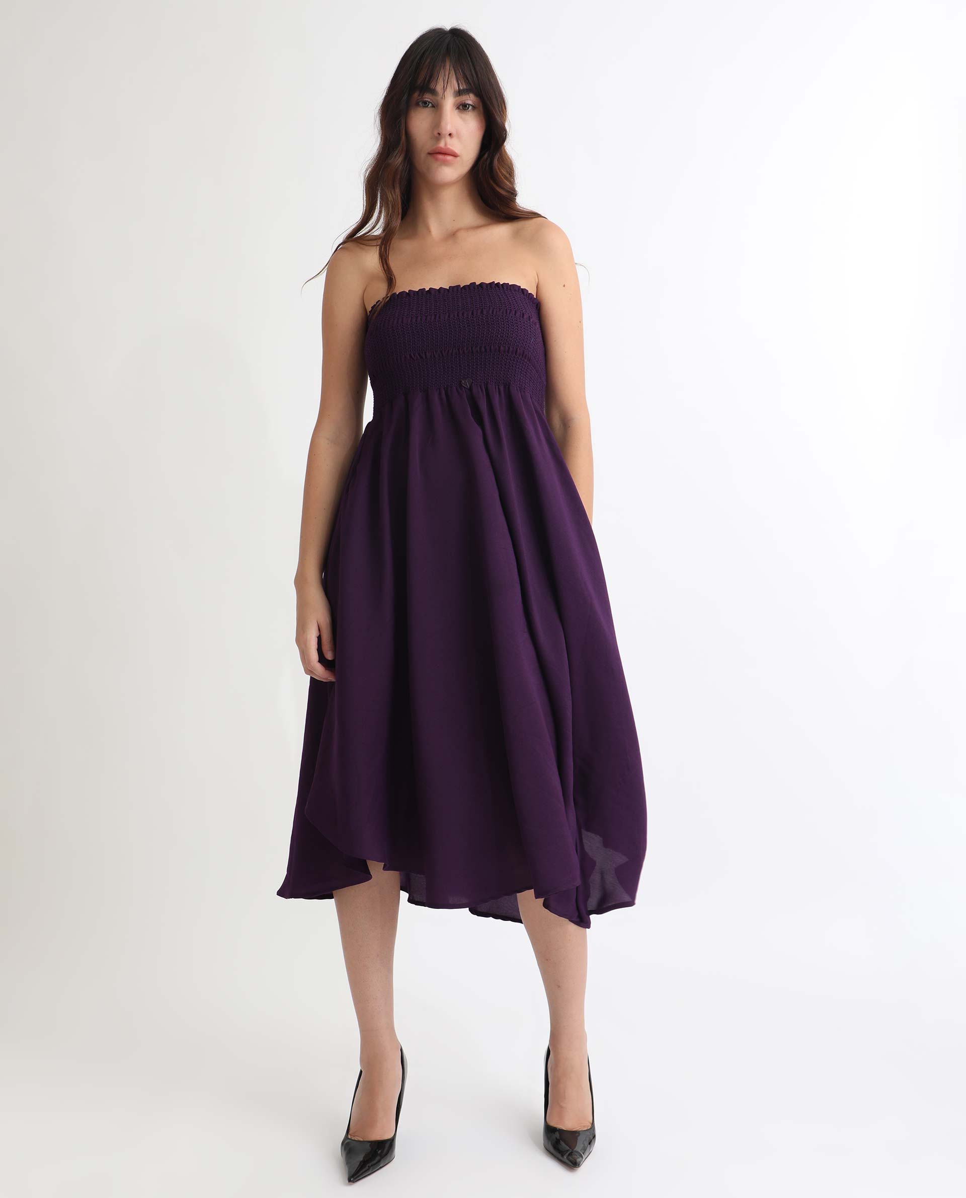 Rareism Women Zuret Dark Purple Off Shoulder With Detachable Straps Smocking Detail At Chest With Pockets Knee Length Dress