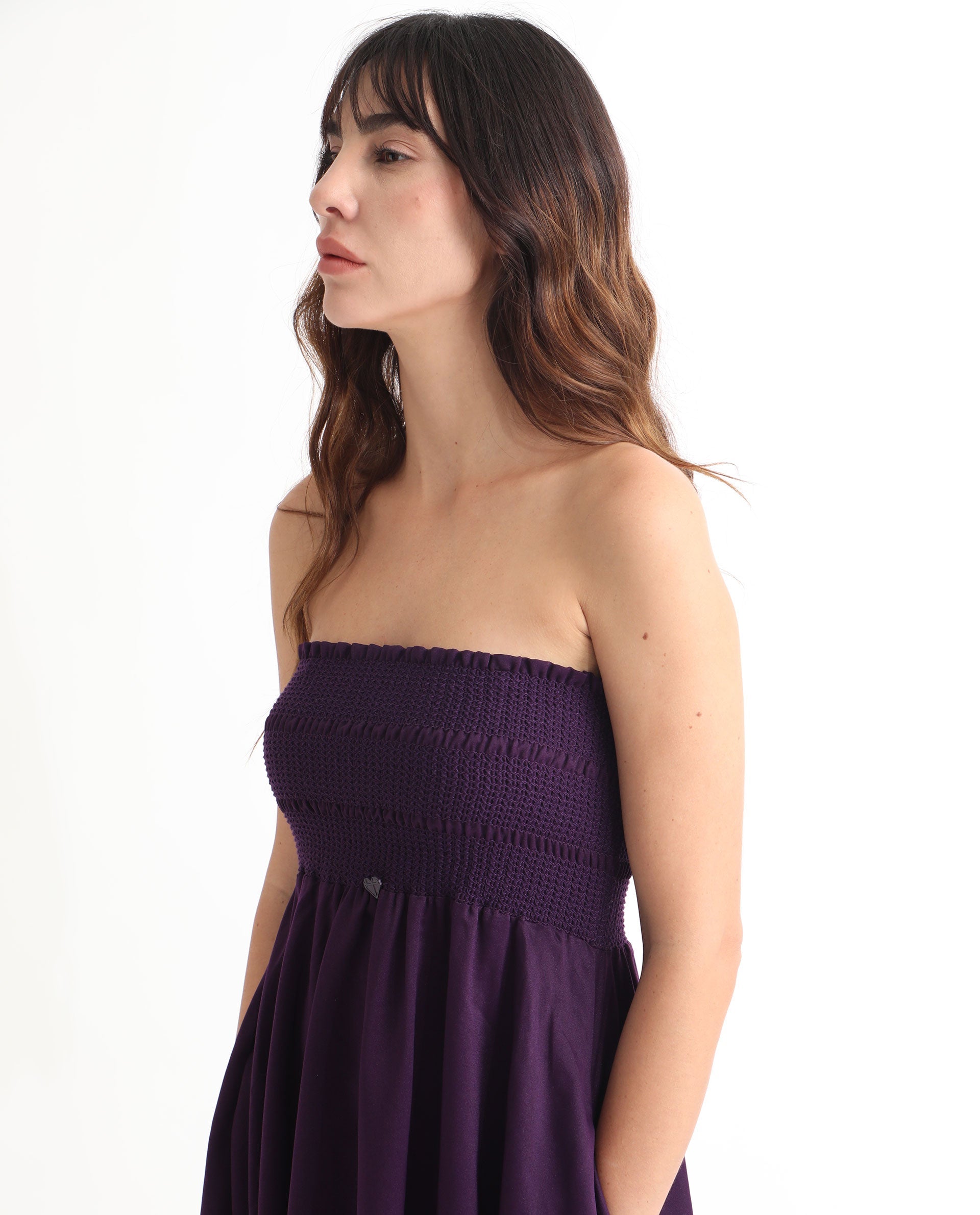 Rareism Women Zuret Dark Purple Off Shoulder With Detachable Straps Smocking Detail At Chest With Pockets Knee Length Dress