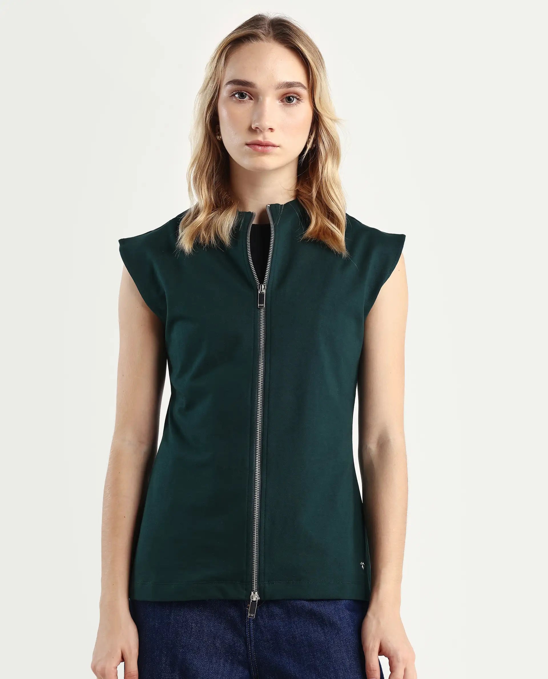 Rareism Women's Zuria Green Cotton Blend High Neck Dyed Extended Sleeves Relaxed Fit Sweatshirt