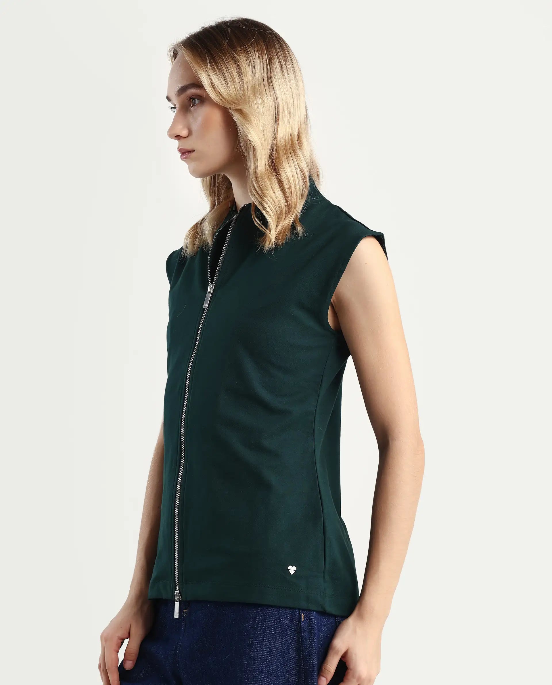 Rareism Women's Zuria Green Cotton Blend High Neck Dyed Extended Sleeves Relaxed Fit Sweatshirt