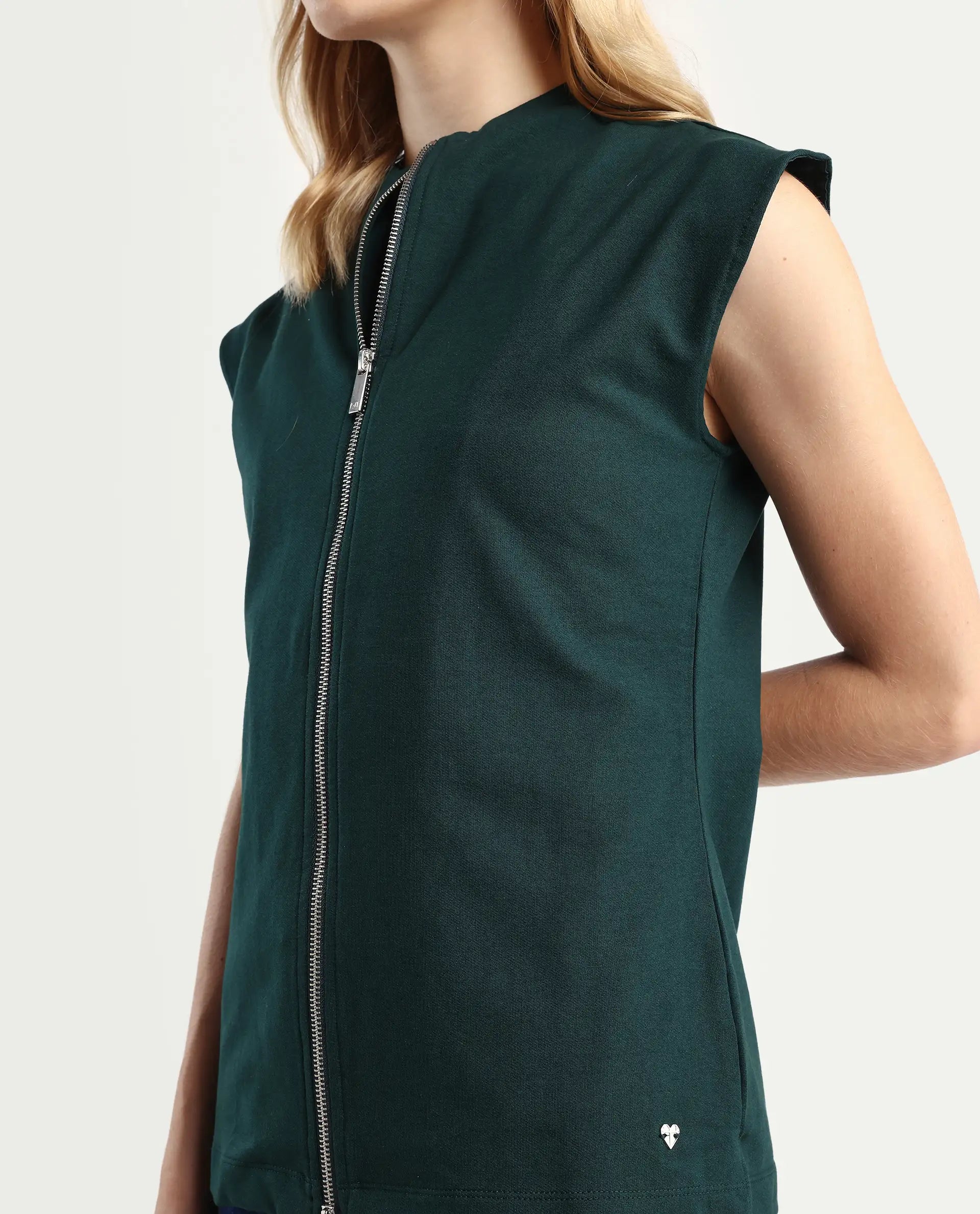 Rareism Women's Zuria Green Cotton Blend High Neck Dyed Extended Sleeves Relaxed Fit Sweatshirt