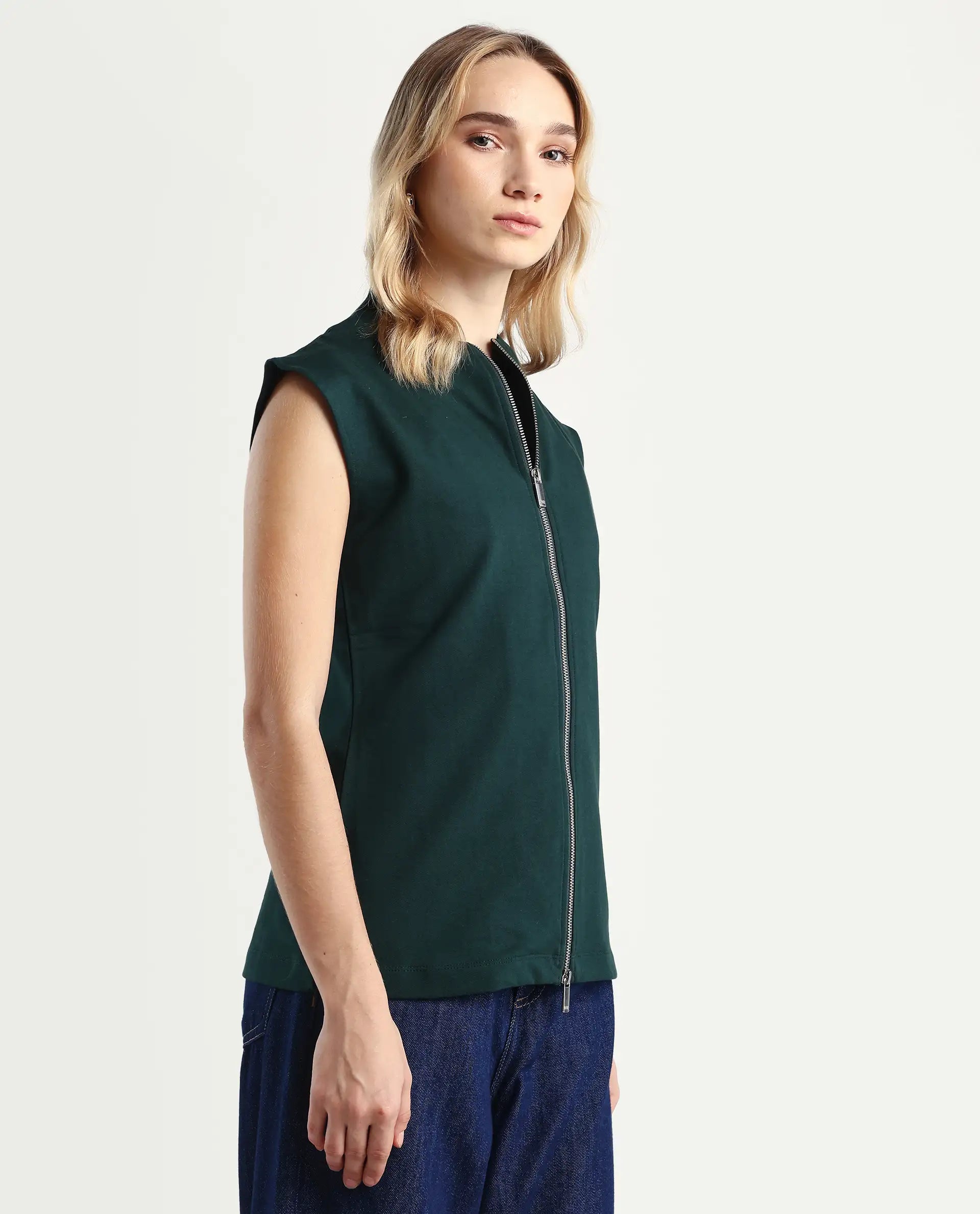 Rareism Women's Zuria Green Cotton Blend High Neck Dyed Extended Sleeves Relaxed Fit Sweatshirt