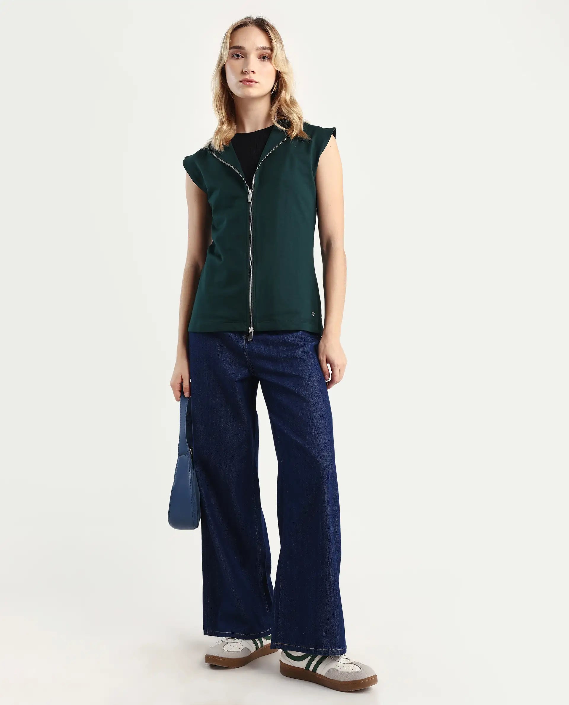 Rareism Women's Zuria Green Cotton Blend High Neck Dyed Extended Sleeves Relaxed Fit Sweatshirt