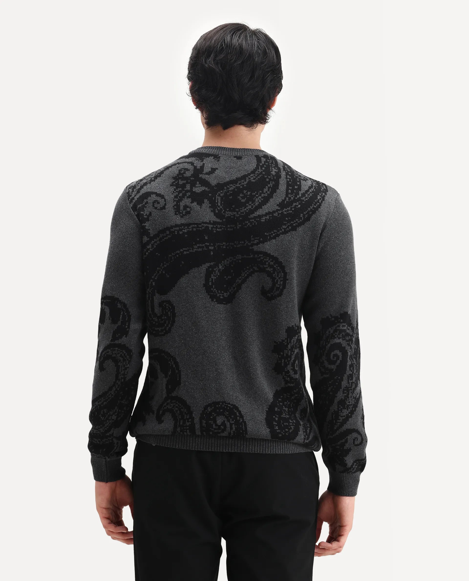 Rare Rabbit Men's Zuri Grey Cotton Jacquard Regular Fit Full Sleeve Crew Neck Sweater