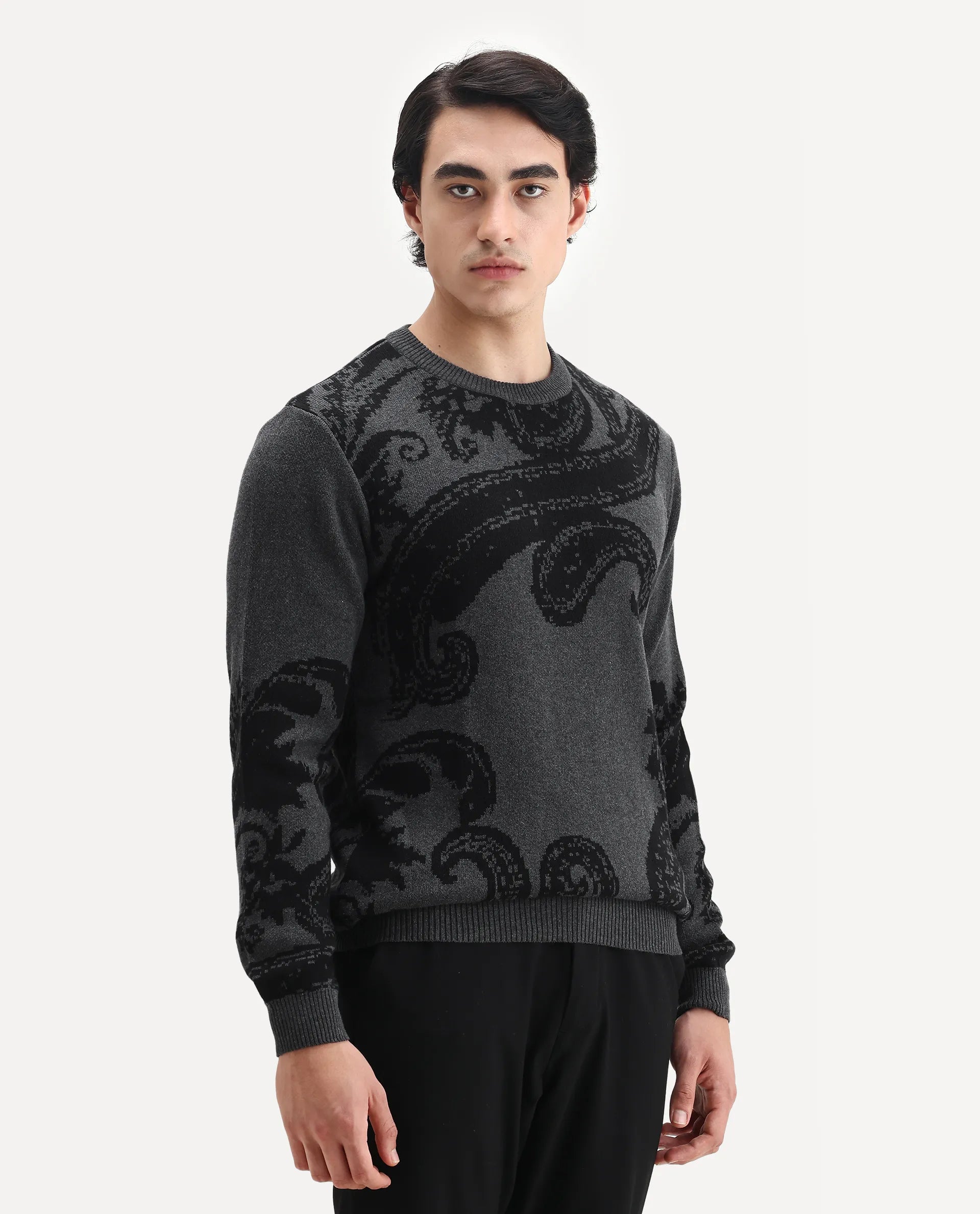 Rare Rabbit Men's Zuri Grey Cotton Jacquard Regular Fit Full Sleeve Crew Neck Sweater