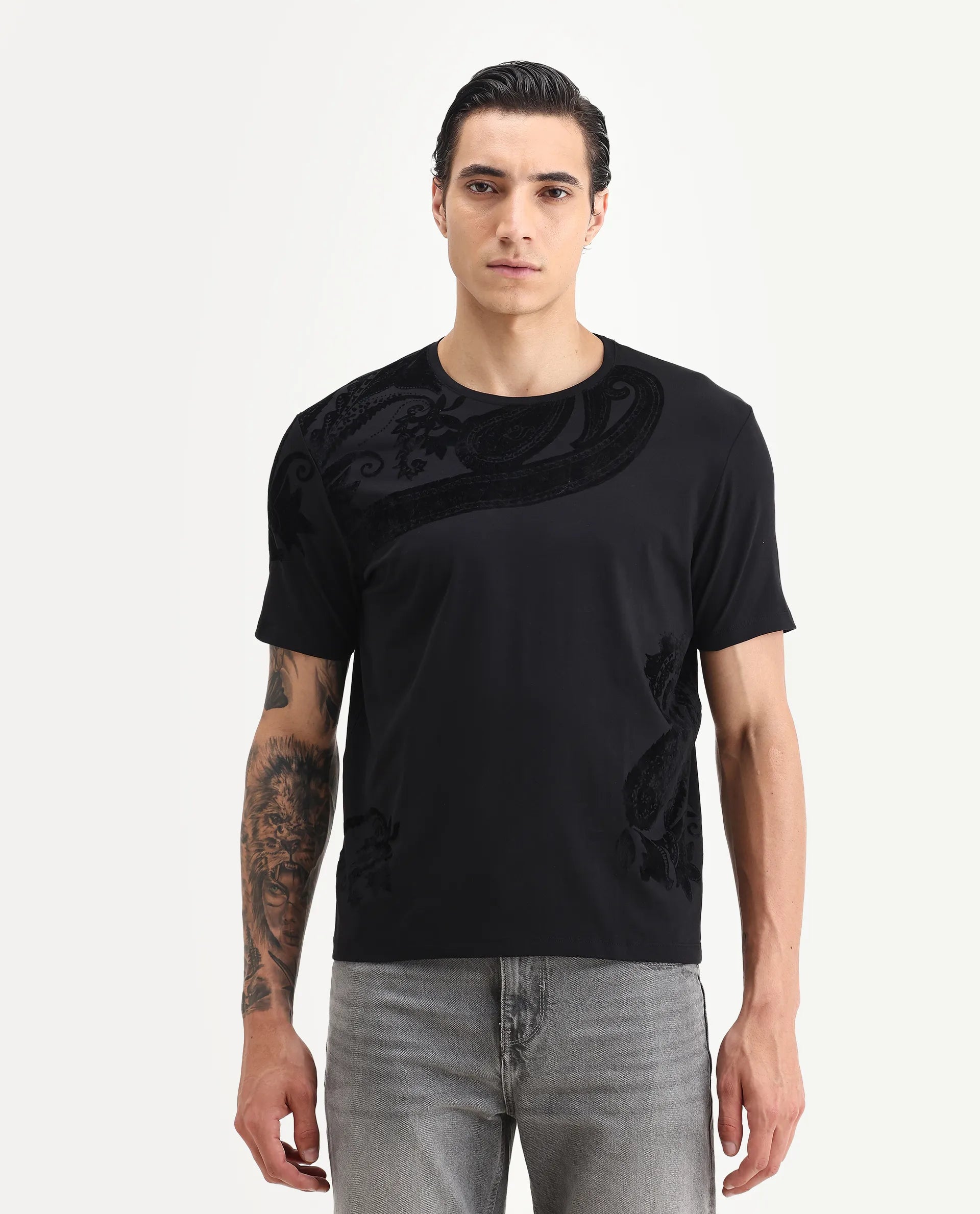 Rare Rabbit Men's Zuron Black Cotton Paisley Print Regular Fit Half Sleeve Crew Neck T-Shirt
