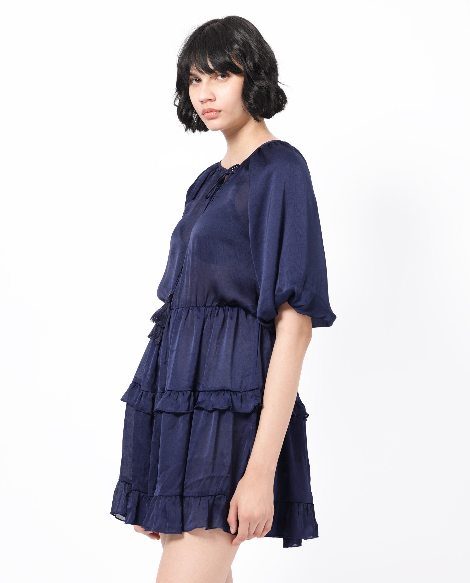 Rareism Women Zekeje Blue Polyester Fabric Short Sleeves Tie-Up Neck Raglan Sleeve Regular Fit Plain Short Boxy Dress
