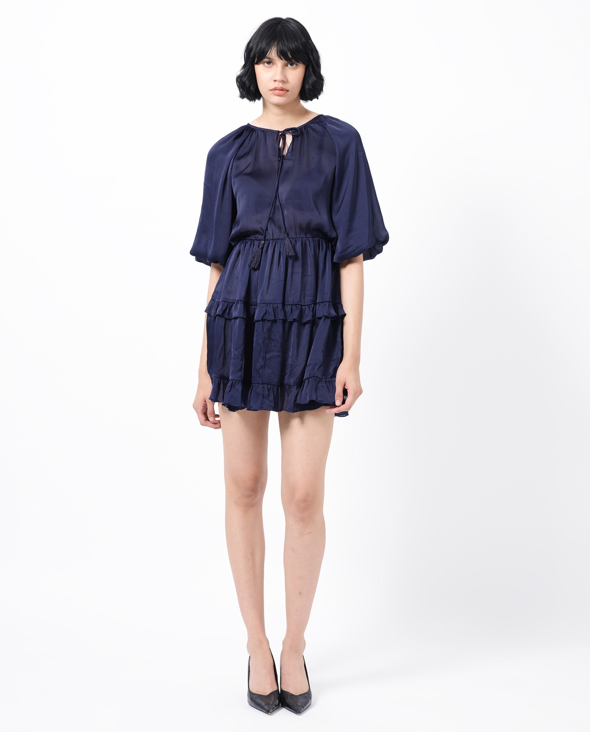 Rareism Women Zekeje Blue Polyester Fabric Short Sleeves Tie-Up Neck Raglan Sleeve Regular Fit Plain Short Boxy Dress