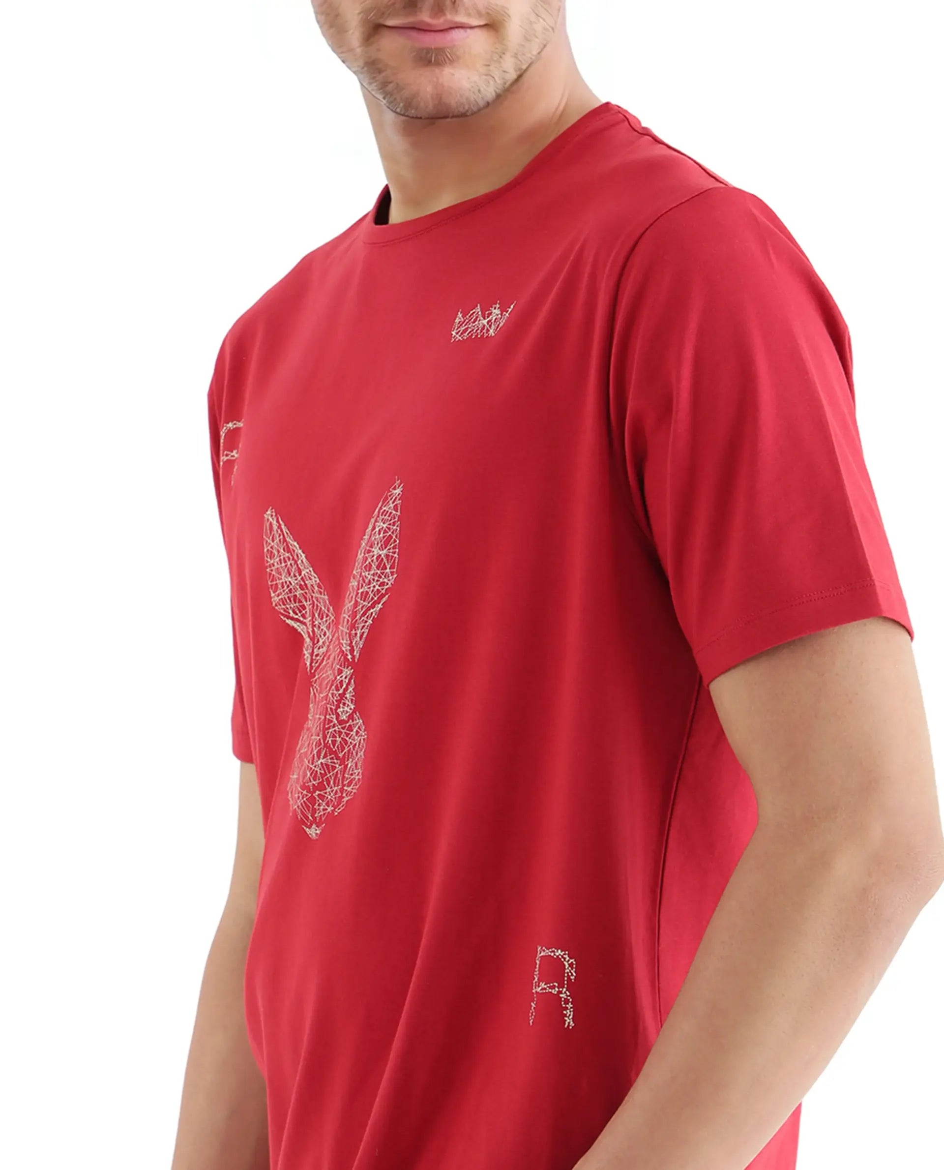 Rare Rabbit Men Zylo Red Cotton Blend Fabric Short Sleeve Crew Neck HD Print Logo T-Shirt