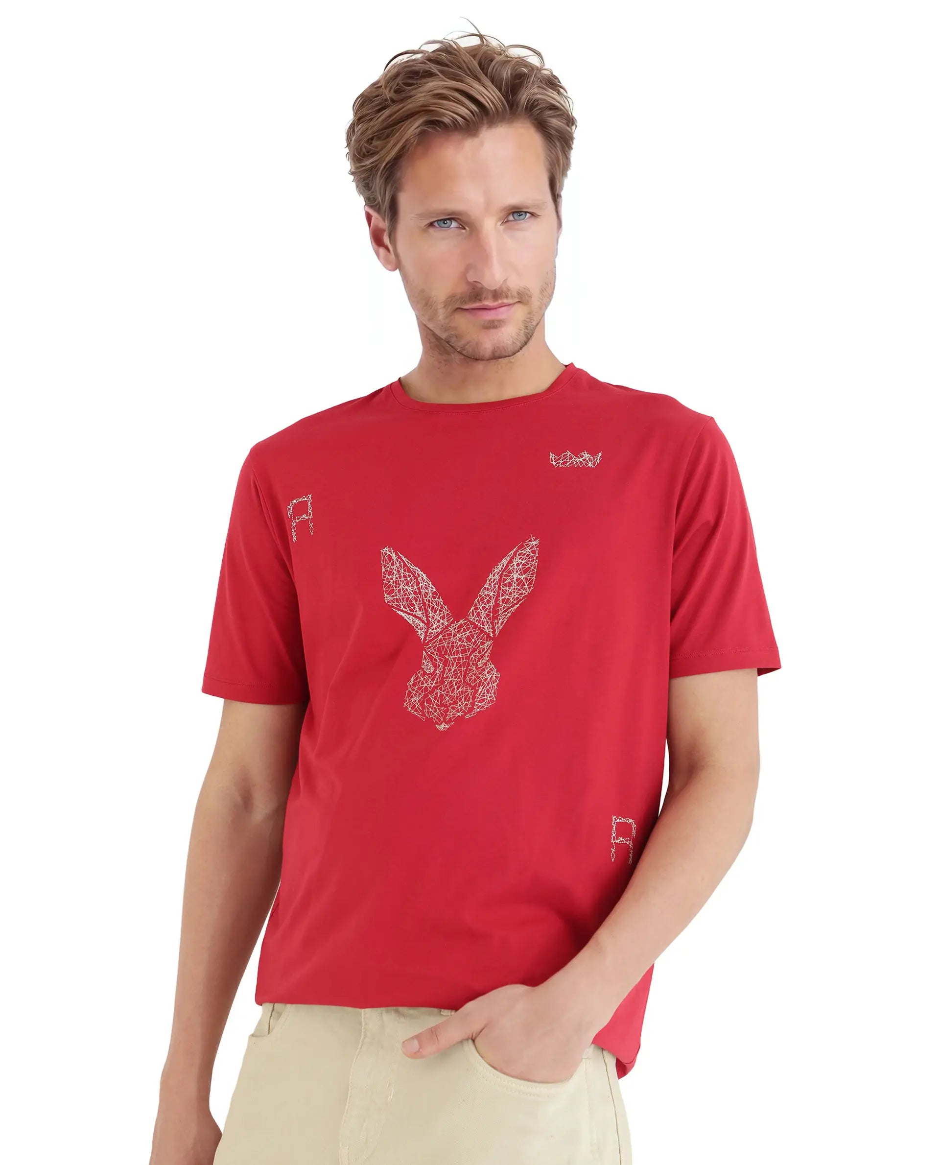 Rare Rabbit Men Zylo Red Cotton Blend Fabric Short Sleeve Crew Neck HD Print Logo T-Shirt