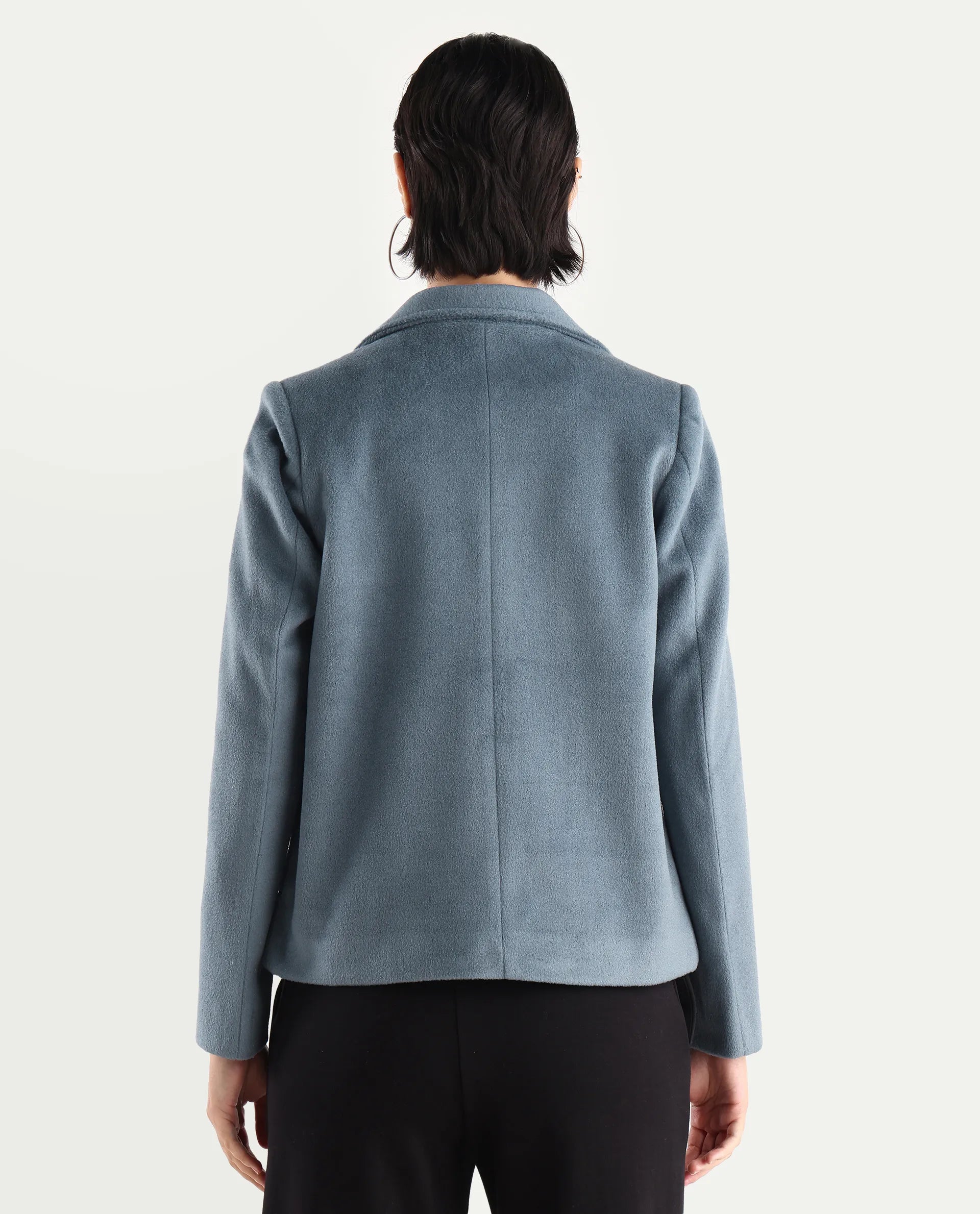 Rareism Women's Zympi Dusky Blue Stand Collar Plain Cuffed Sleeve Boxy Fit Jacket