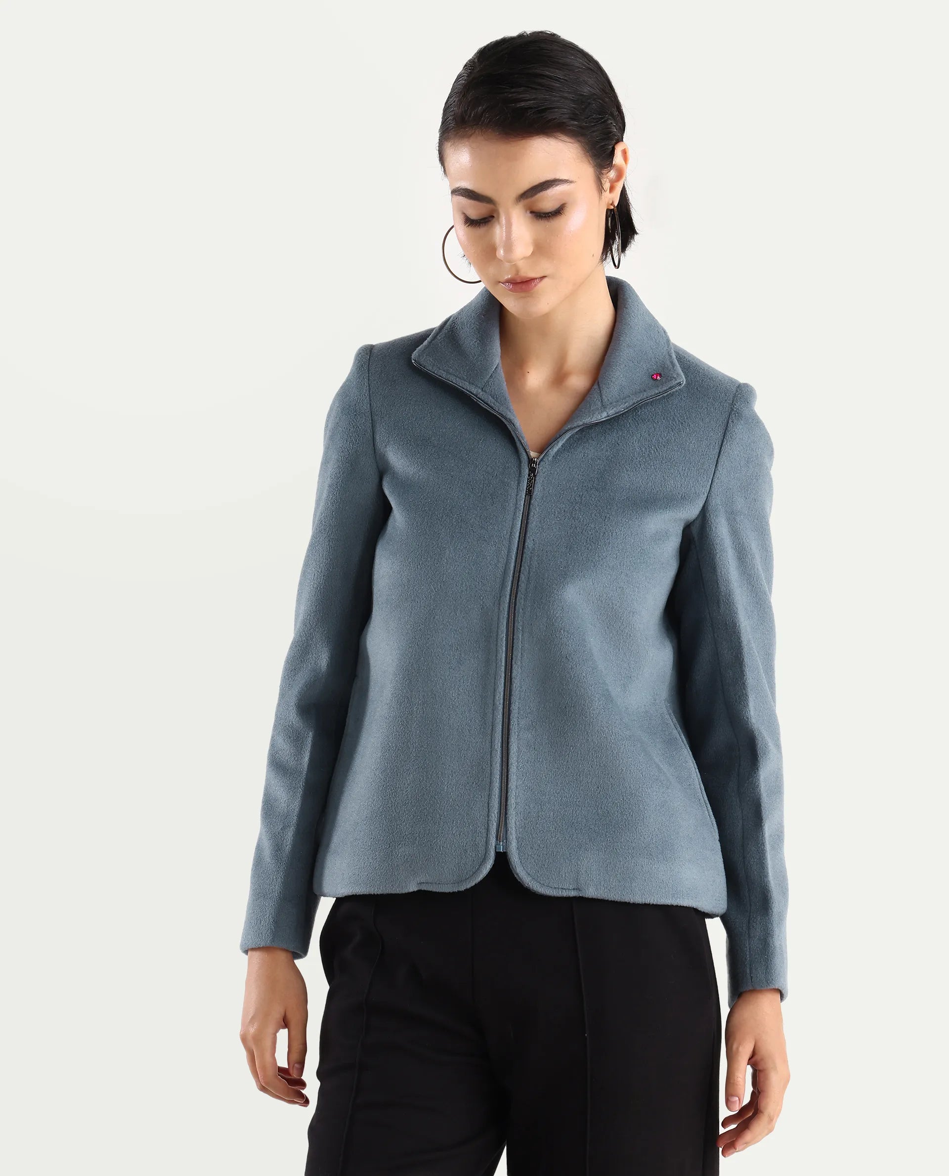 Rareism Women's Zympi Dusky Blue Stand Collar Plain Cuffed Sleeve Boxy Fit Jacket