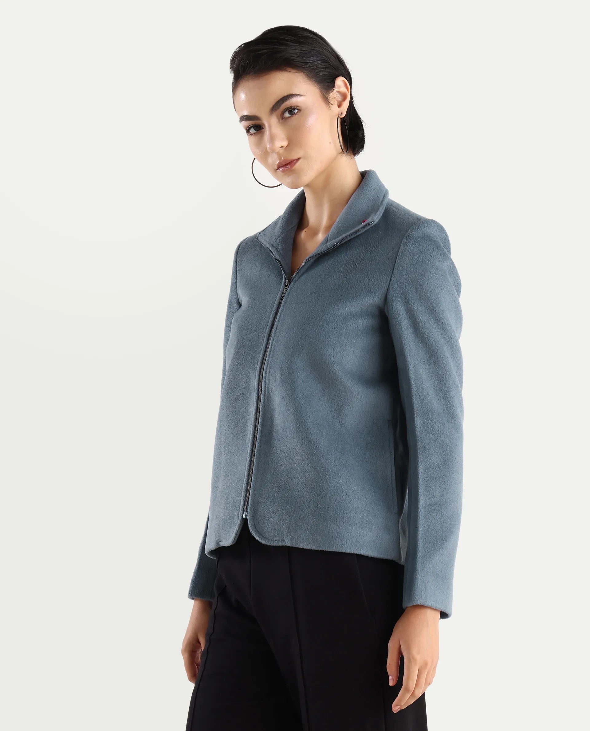 Rareism Women's Zympi Dusky Blue Stand Collar Plain Cuffed Sleeve Boxy Fit Jacket