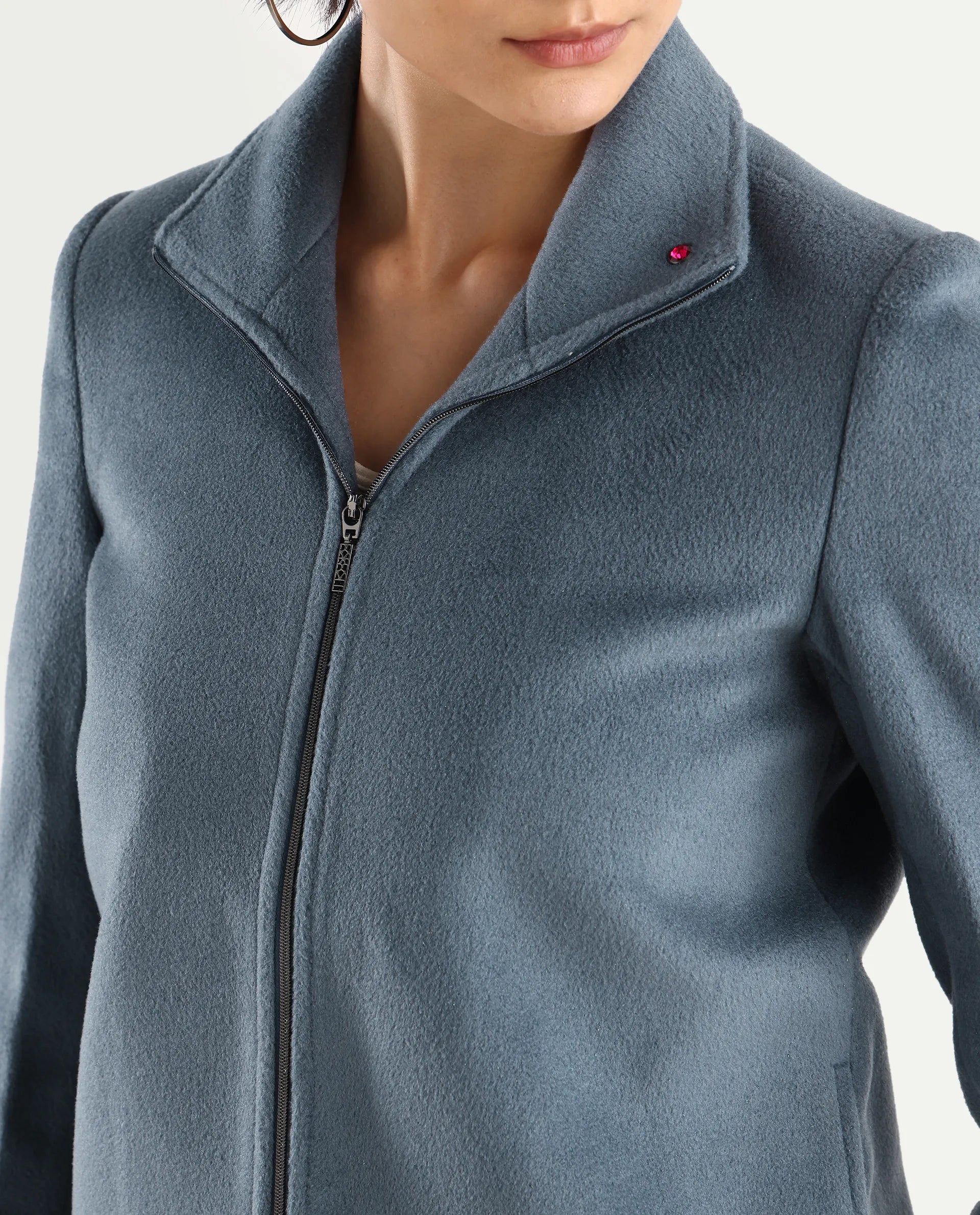 Rareism Women's Zympi Dusky Blue Stand Collar Plain Cuffed Sleeve Boxy Fit Jacket