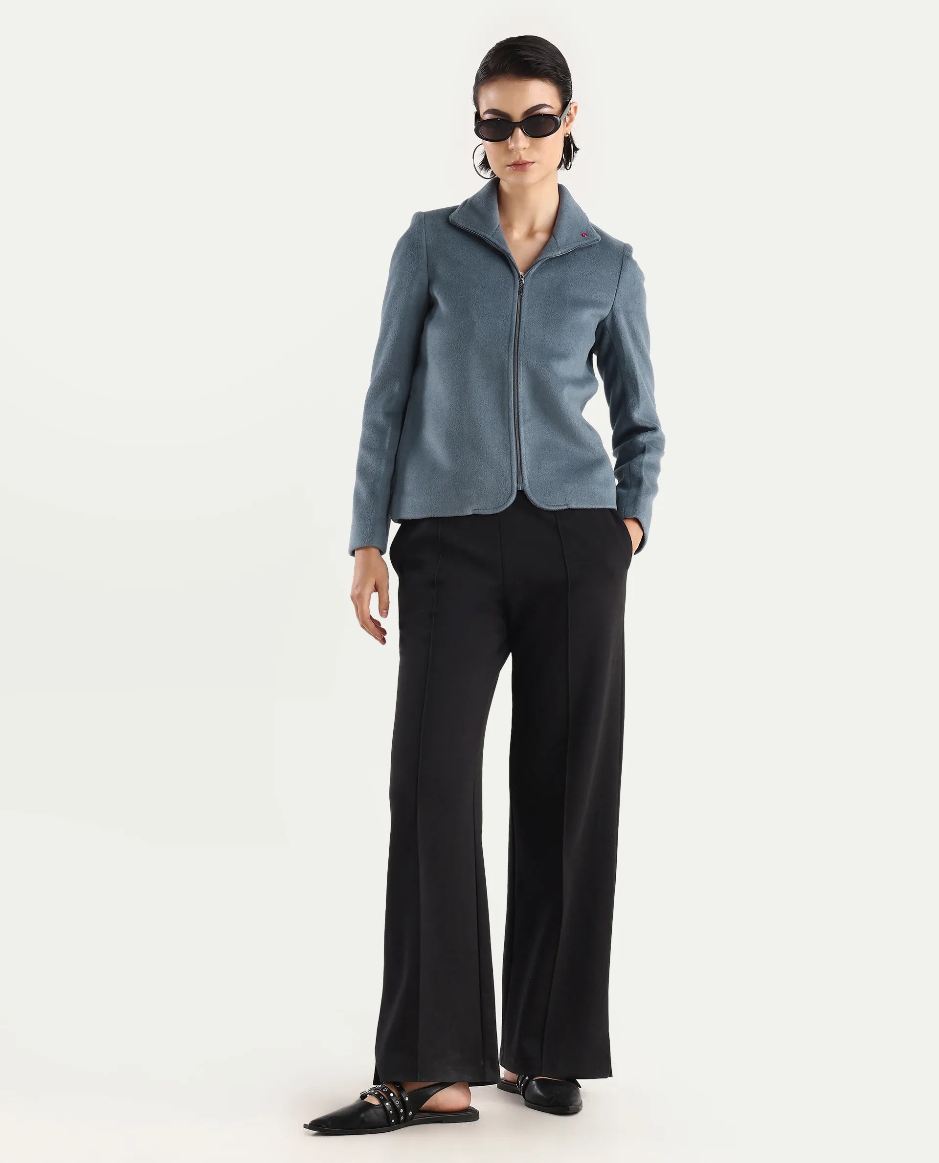 Rareism Women's Zympi Dusky Blue Stand Collar Plain Cuffed Sleeve Boxy Fit Jacket