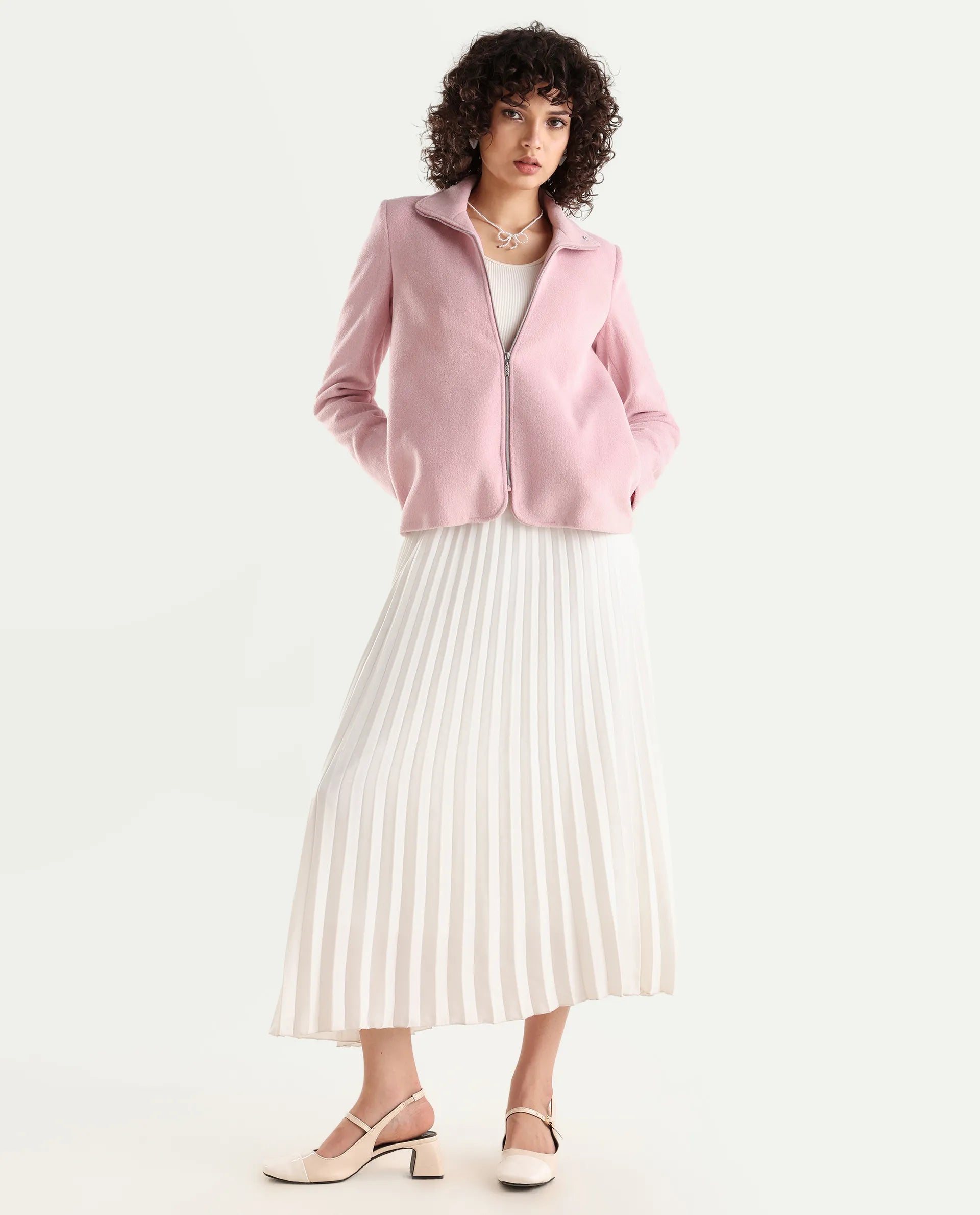 Rareism Women's Zympi Light Pink Stand Collar Plain Cuffed Sleeve Boxy Fit Jacket