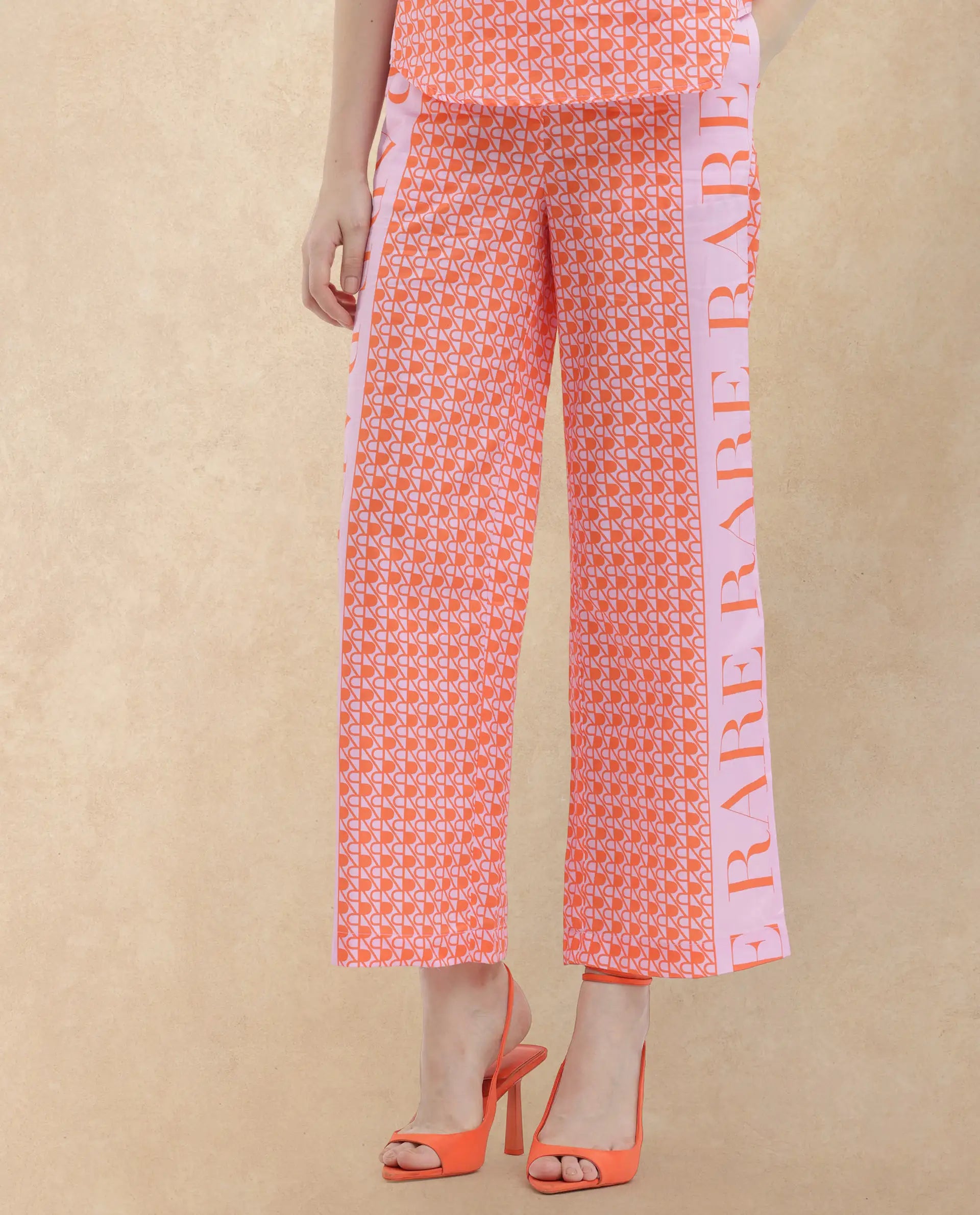 Rareism Women Zyon-B Pink Cotton Fabric Straight Fit Monogram Ankle Length Trousers