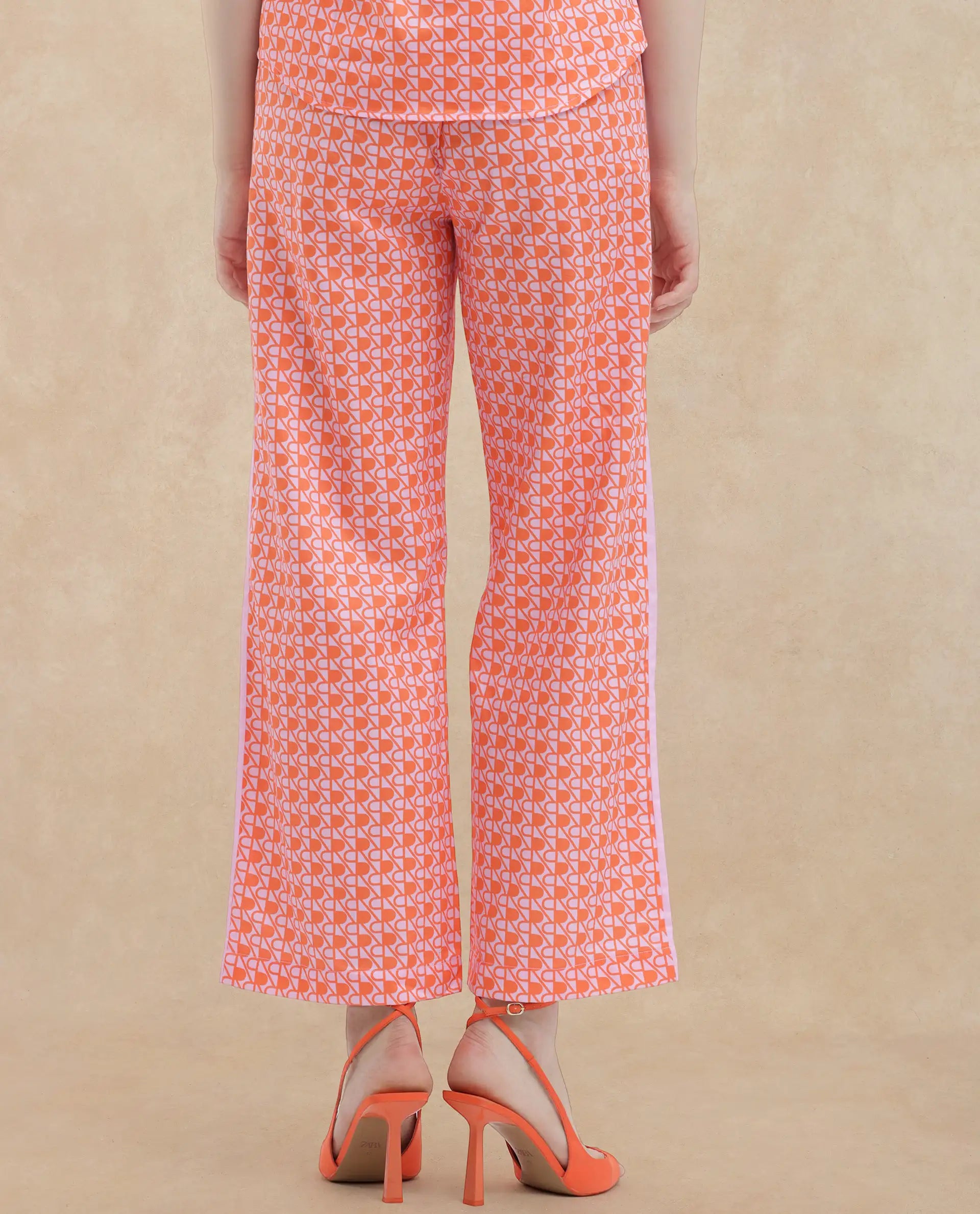 Rareism Women Zyon-B Pink Cotton Fabric Straight Fit Monogram Ankle Length Trousers