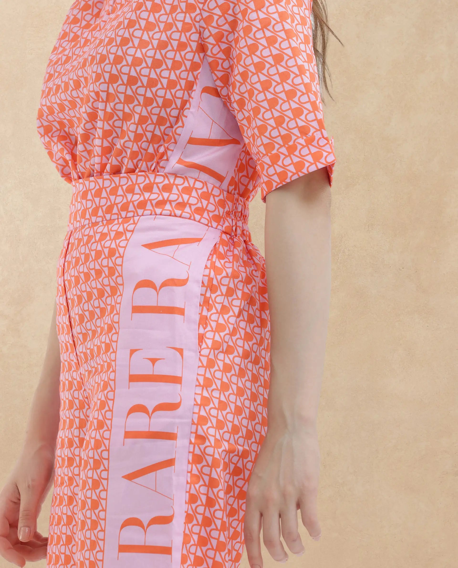 Rareism Women Zyon-B Pink Cotton Fabric Straight Fit Monogram Ankle Length Trousers