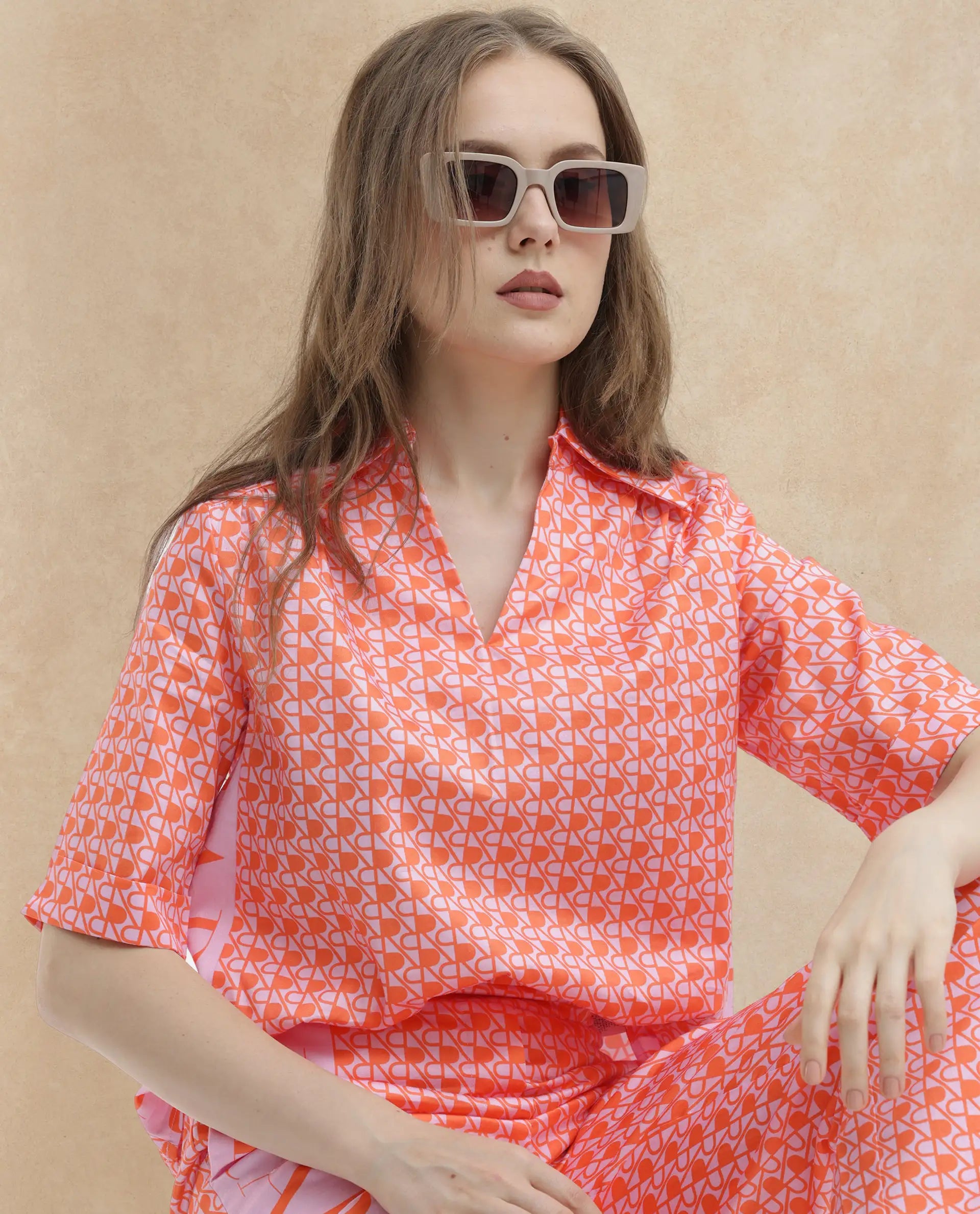 Rareism Women Zyon-B Pink Cotton Fabric Straight Fit Monogram Ankle Length Trousers