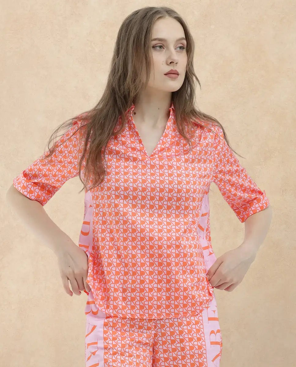 Rareism Women Zyon-T Pink Cotton Fabric Short Sleeves Johnny Collar Regular Fit Monogram Top