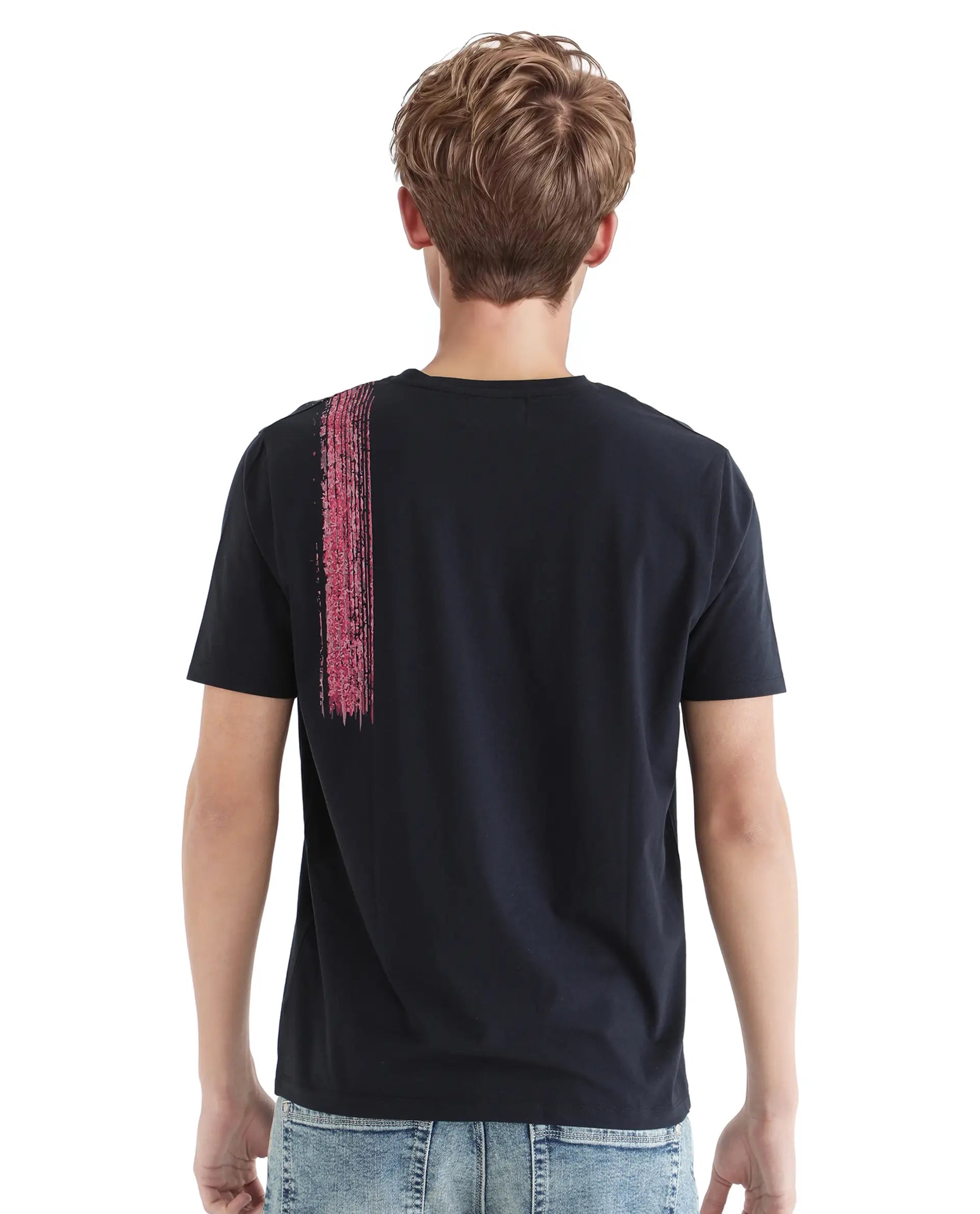 Rare Rabbit Men Zyra Navy Cotton Blend Fabric Short Sleeve Crew Neck Graphic Print T-Shirt