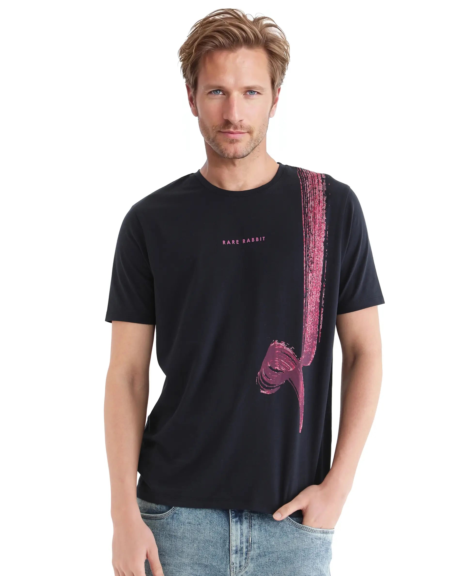 Rare Rabbit Men Zyra Navy Cotton Blend Fabric Short Sleeve Crew Neck Graphic Print T-Shirt
