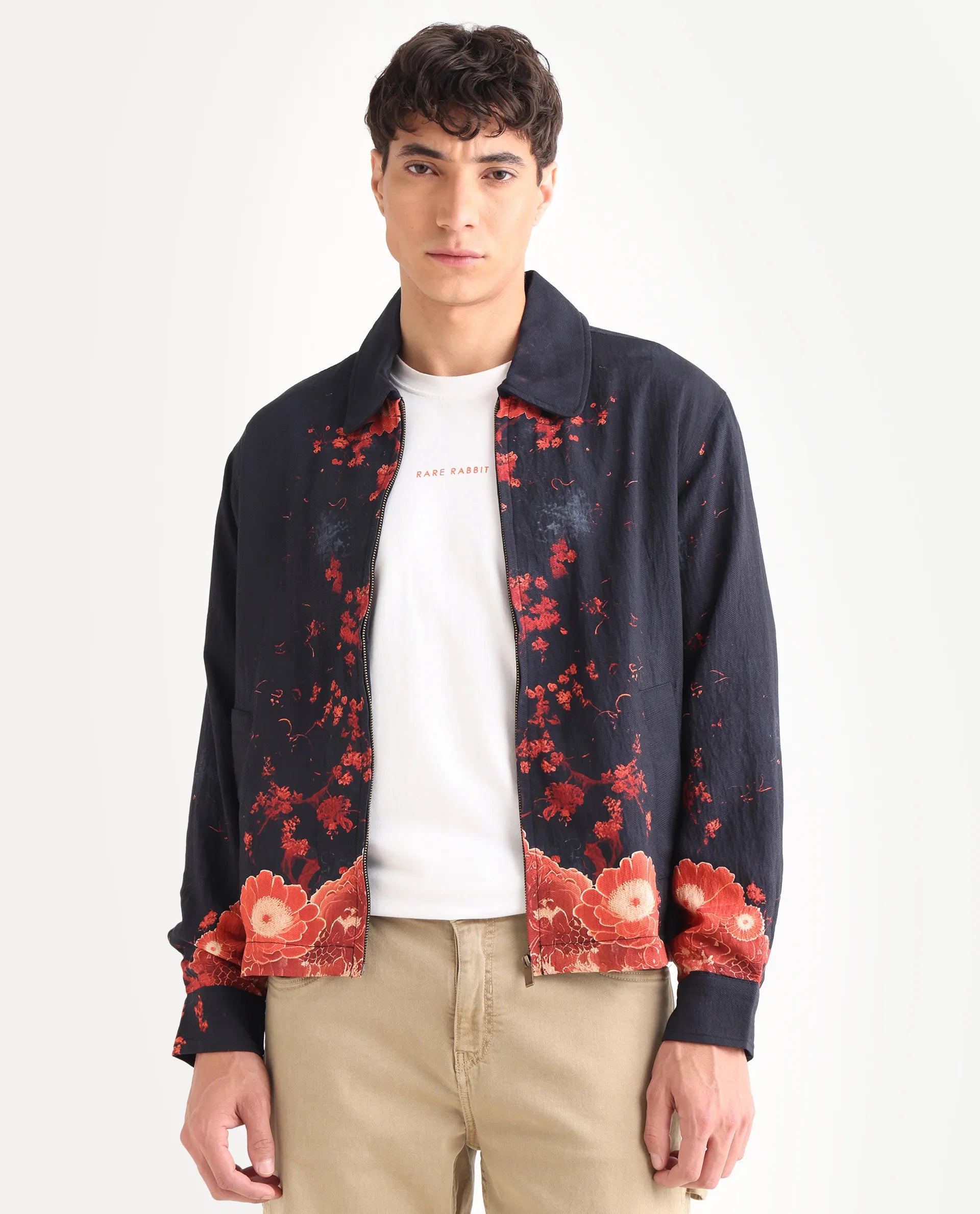 Rare Rabbit Men's Zyra Navy Viscose Blend Fabric Spread Collar Regular Fit Printed Jacket
