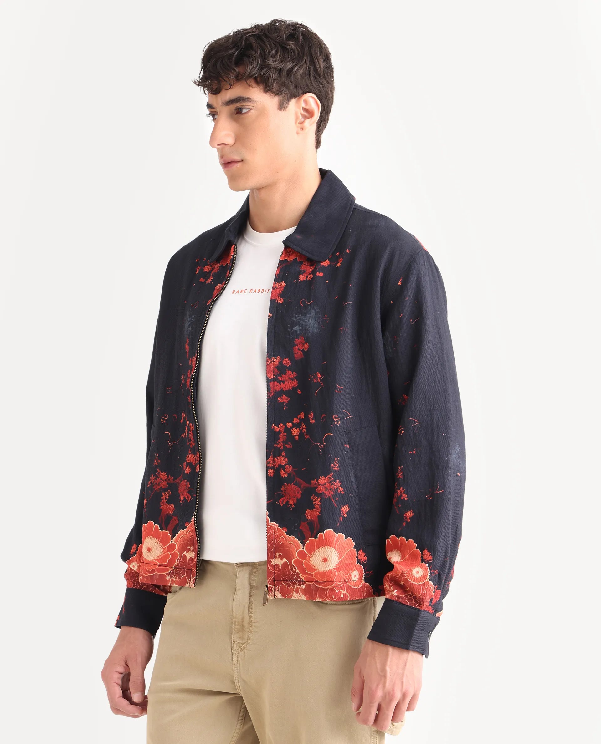 Rare Rabbit Men's Zyra Navy Viscose Blend Fabric Spread Collar Regular Fit Printed Jacket