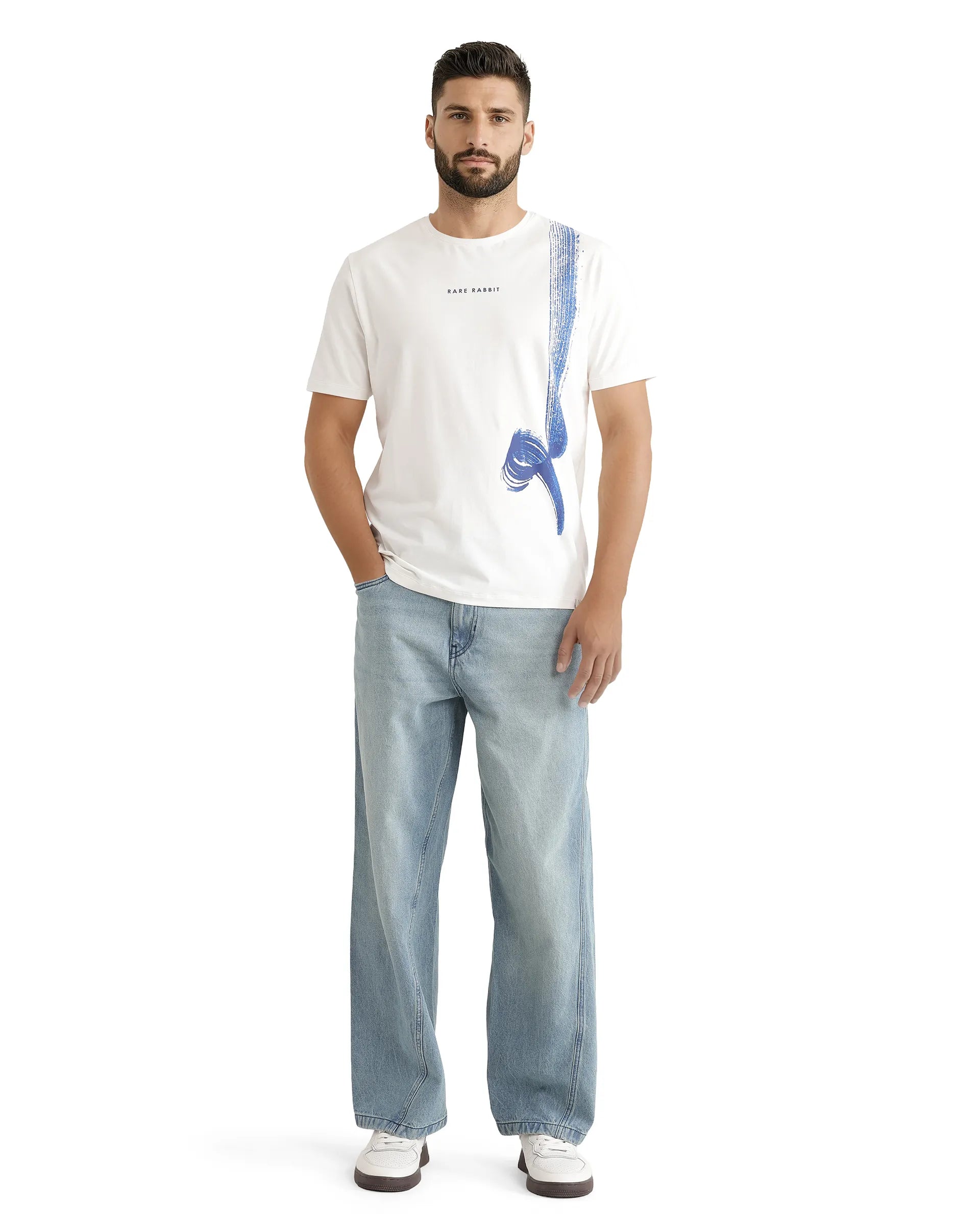 Rare Rabbit Men Zyra Off White Cotton Blend Fabric Short Sleeve Crew Neck Graphic Print T-Shirt