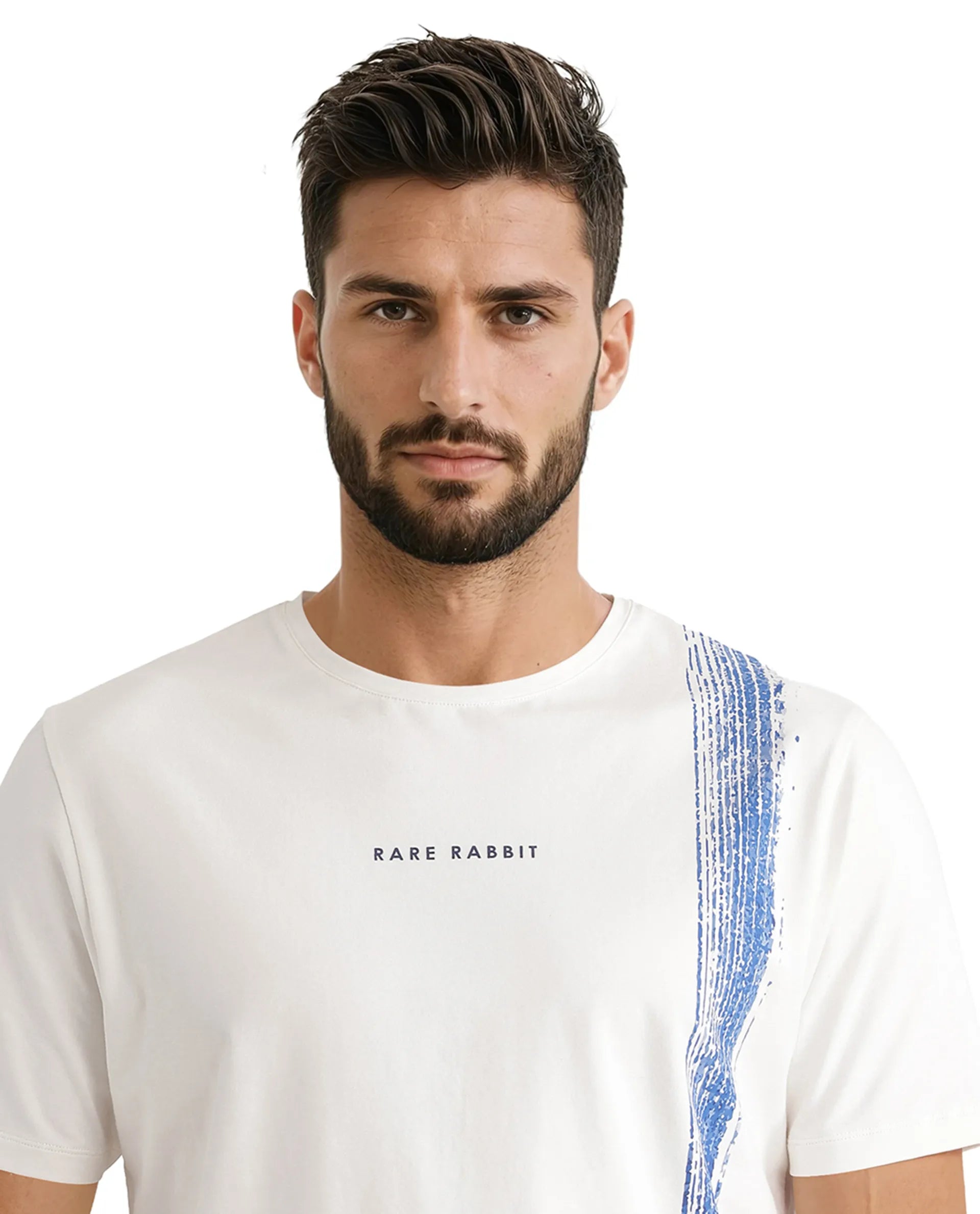 Rare Rabbit Men Zyra Off White Cotton Blend Fabric Short Sleeve Crew Neck Graphic Print T-Shirt