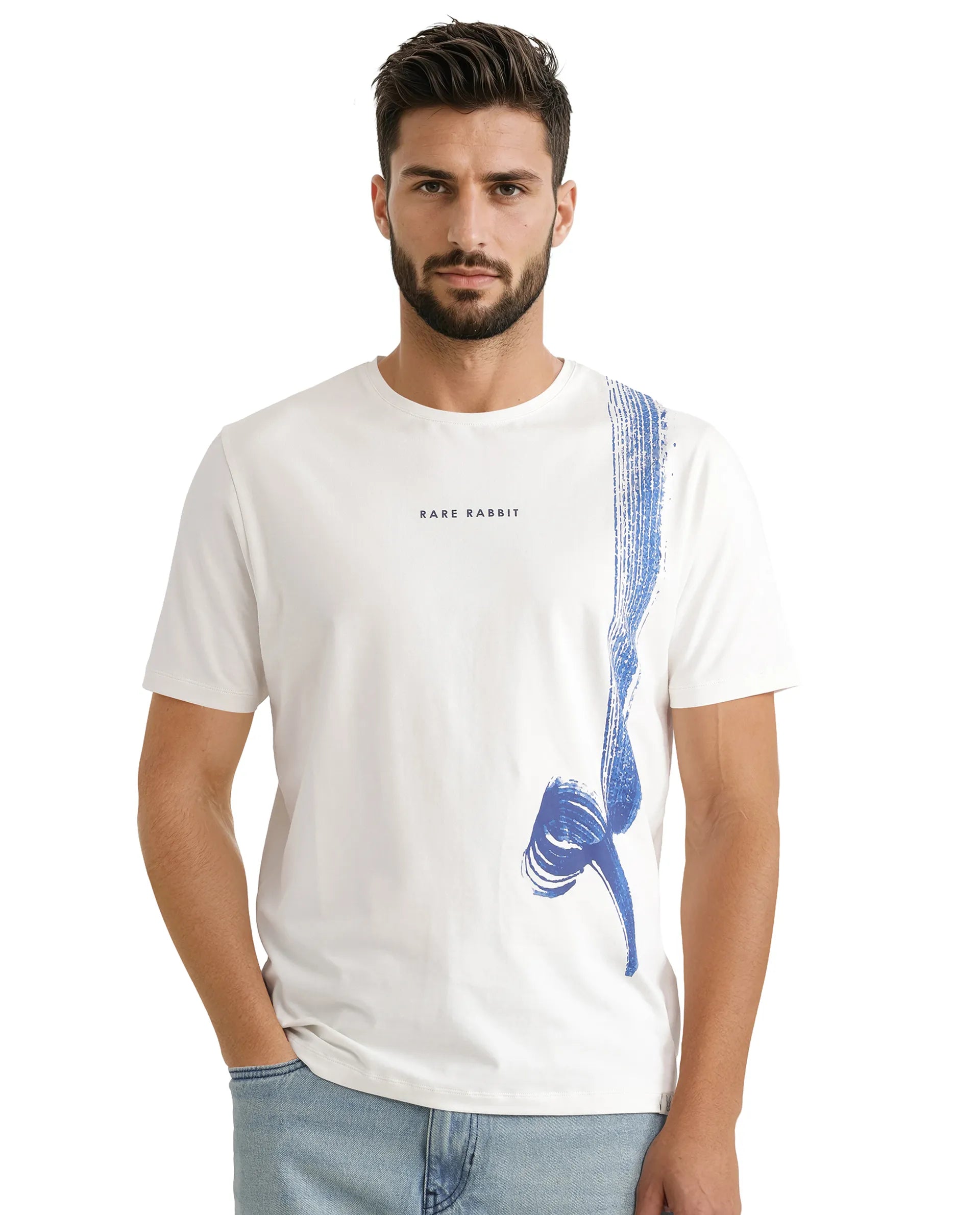 Rare Rabbit Men Zyra Off White Cotton Blend Fabric Short Sleeve Crew Neck Graphic Print T-Shirt