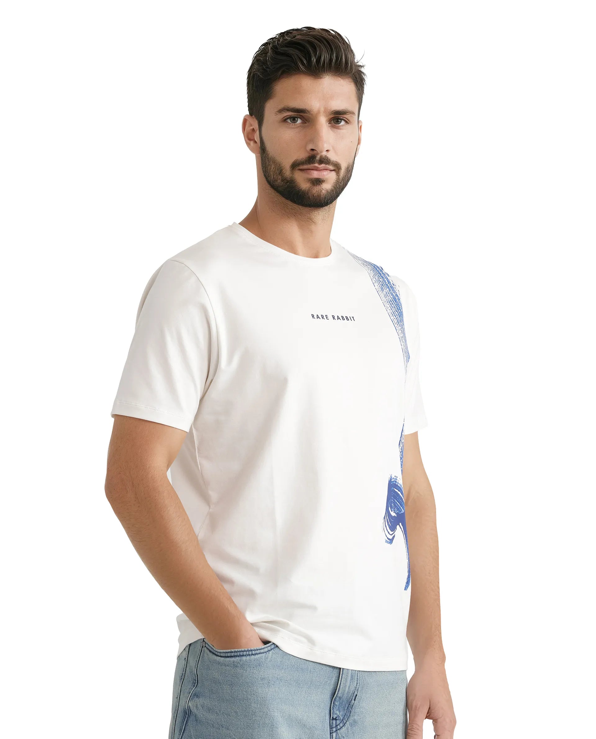 Rare Rabbit Men Zyra Off White Cotton Blend Fabric Short Sleeve Crew Neck Graphic Print T-Shirt
