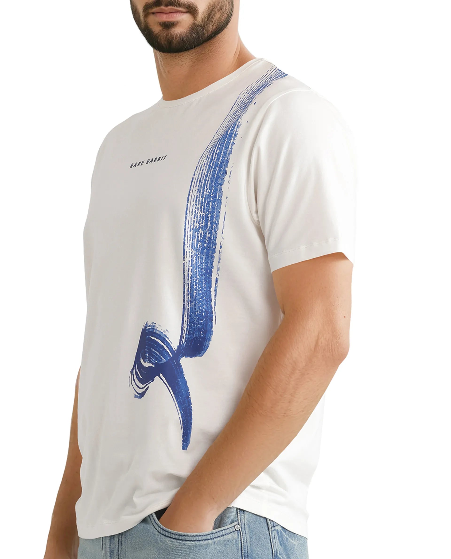 Rare Rabbit Men Zyra Off White Cotton Blend Fabric Short Sleeve Crew Neck Graphic Print T-Shirt