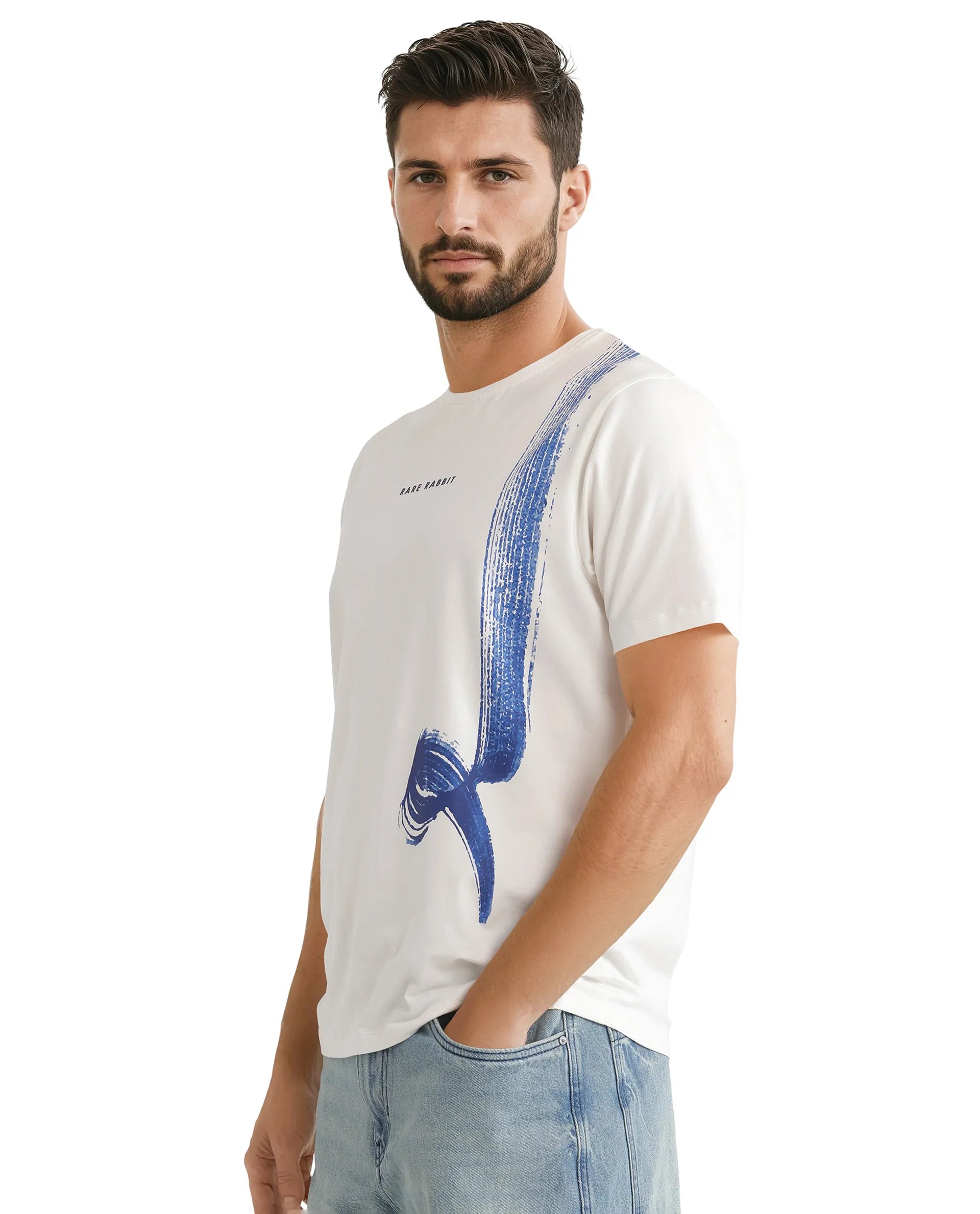 Rare Rabbit Men Zyra Off White Cotton Blend Fabric Short Sleeve Crew Neck Graphic Print T-Shirt