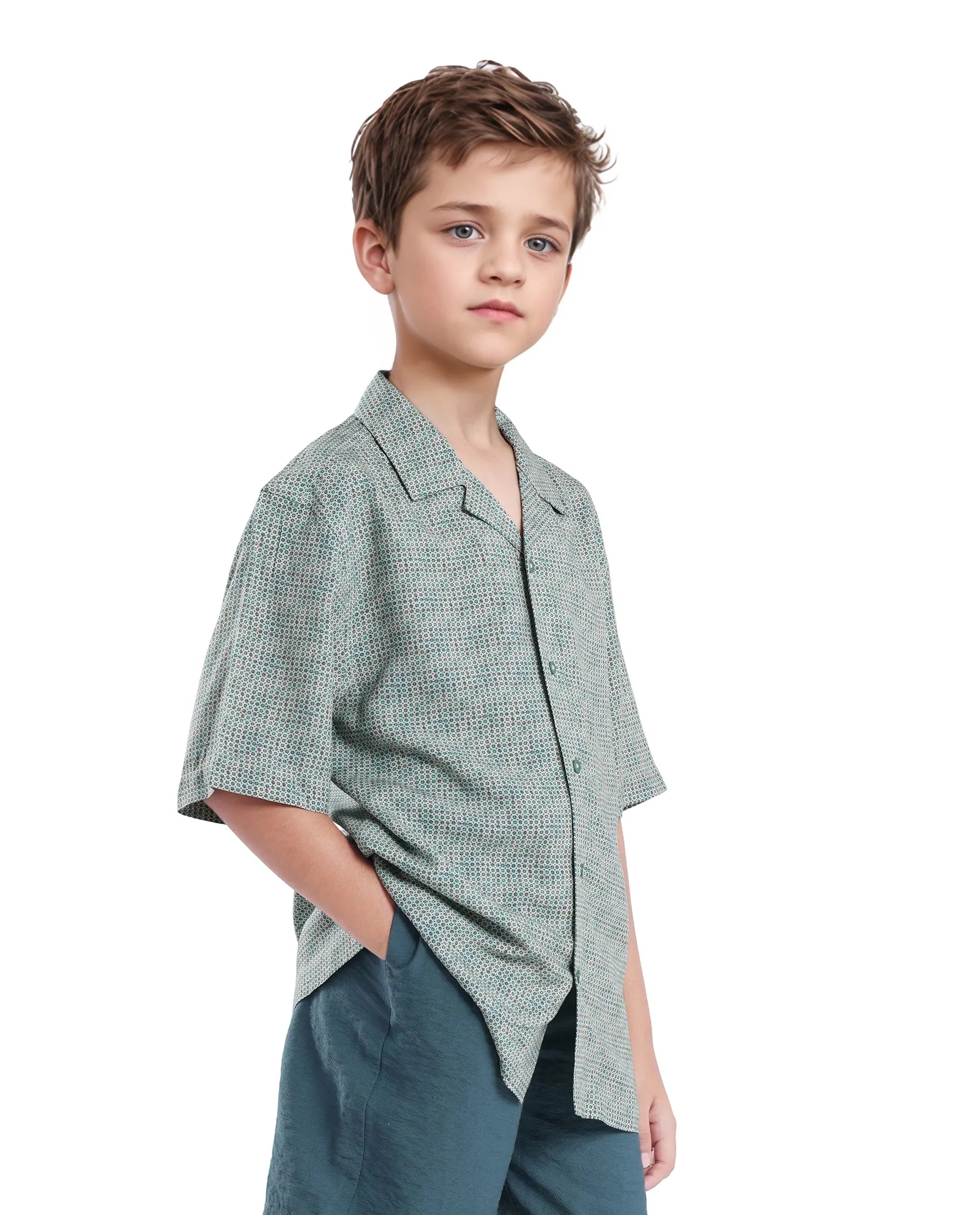 Rare Ones Kids Zyro Green Viscose Half Sleeve Button Printed Regular Fit Shirt