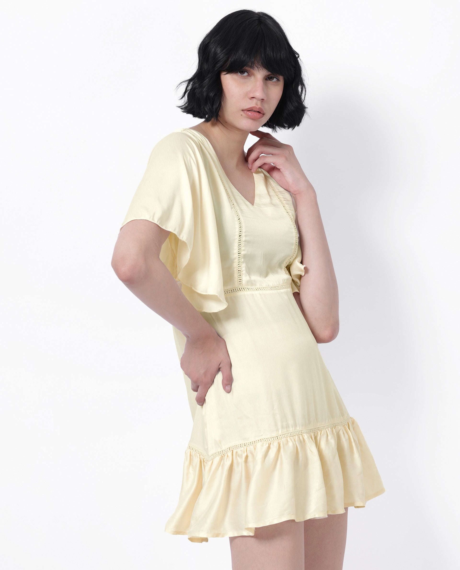 Rareism Women Zyrus Off White Polyester Fabric Short Sleeves V-Neck Flared Sleeve Regular Fit Plain Short Boxy Dress