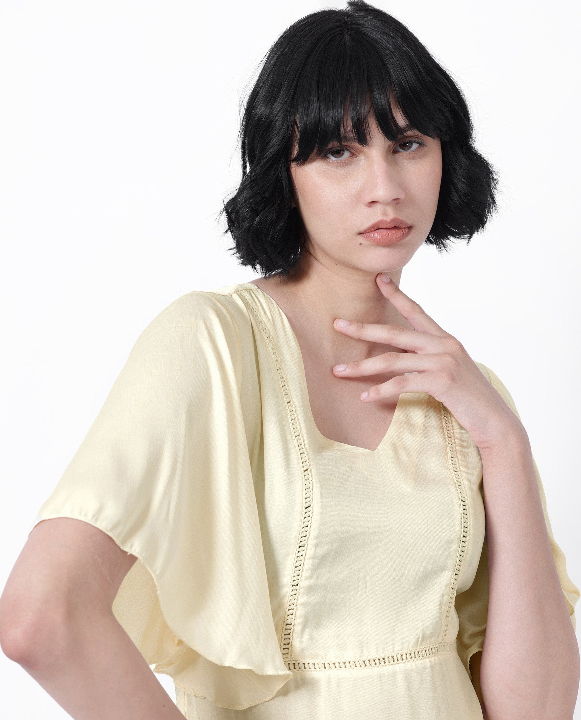 Rareism Women Zyrus Off White Polyester Fabric Short Sleeves V-Neck Flared Sleeve Regular Fit Plain Short Boxy Dress