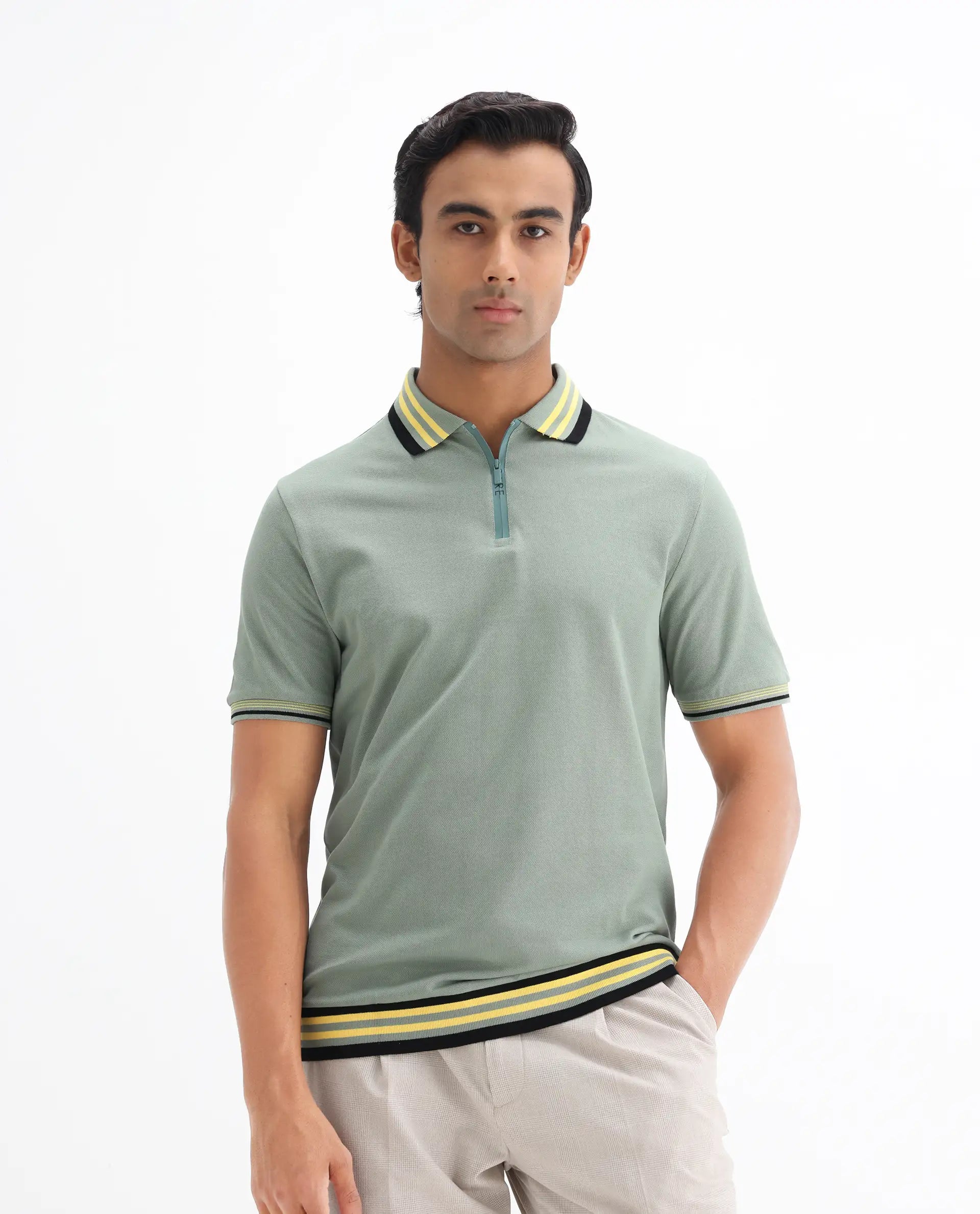Rare Rabbit Men's Zyte Dusky Green Cotton Plain Regular Fit Half Sleeve Polo