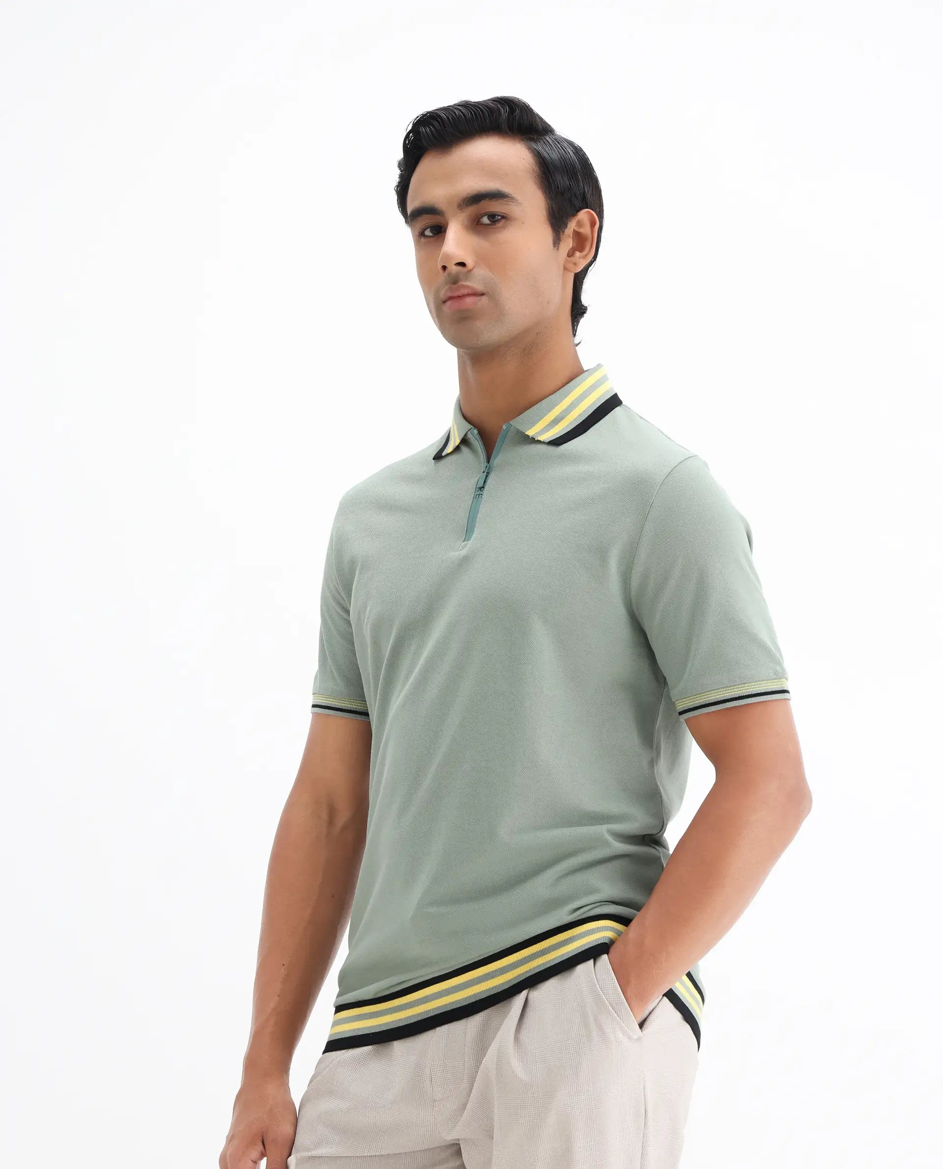 Rare Rabbit Men's Zyte Dusky Green Cotton Plain Regular Fit Half Sleeve Polo