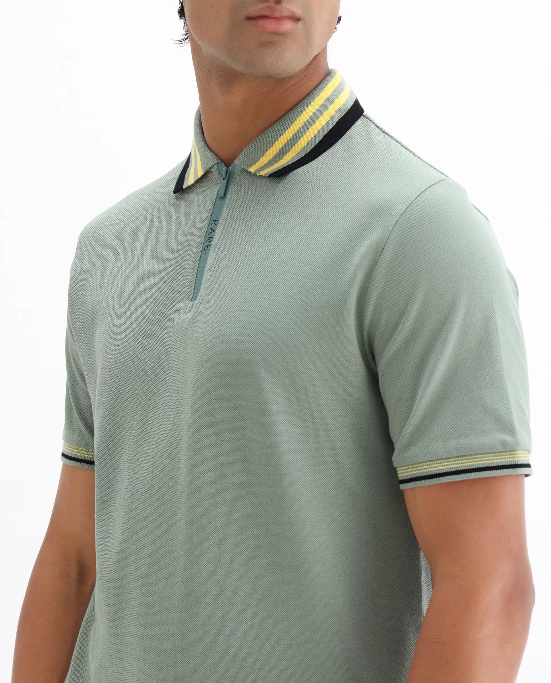 Rare Rabbit Men's Zyte Dusky Green Cotton Plain Regular Fit Half Sleeve Polo
